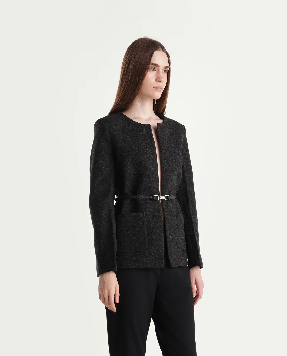Rareism Women's Nexmaraw26 Dark Grey Polyester Crew Neck Regular Plain Jacket