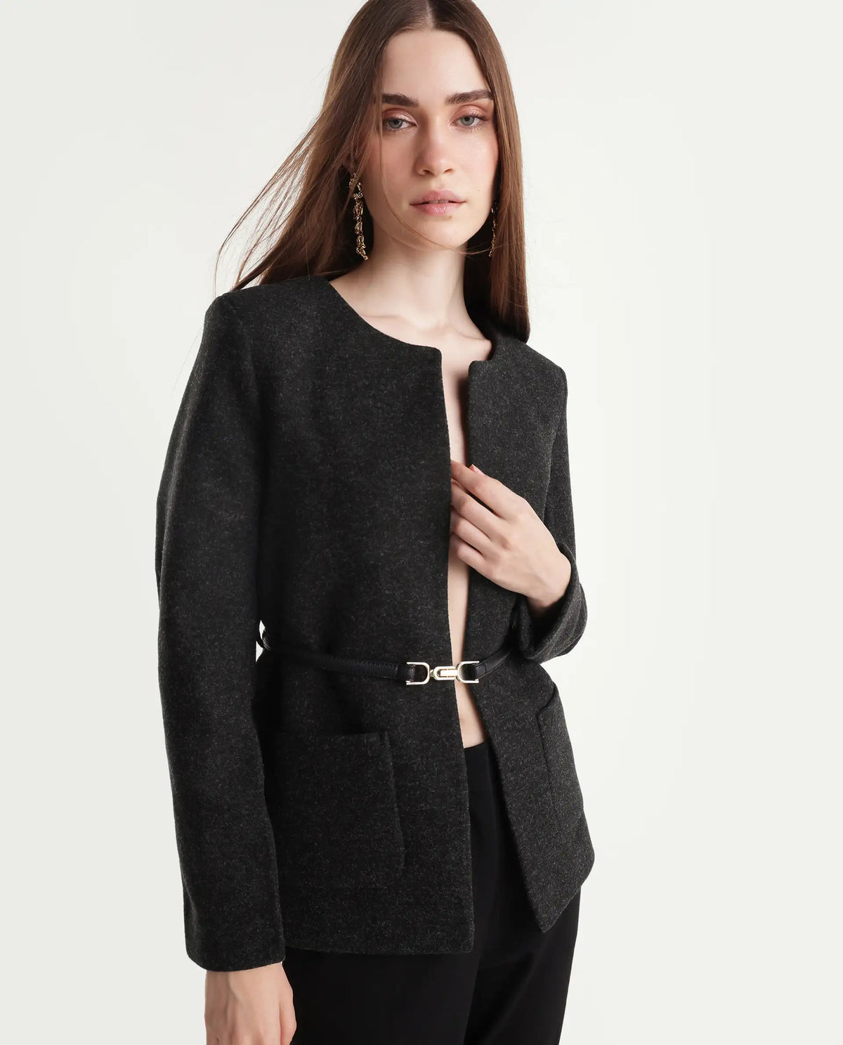 Rareism Women's Nexmaraw26 Dark Grey Polyester Crew Neck Regular Plain Jacket