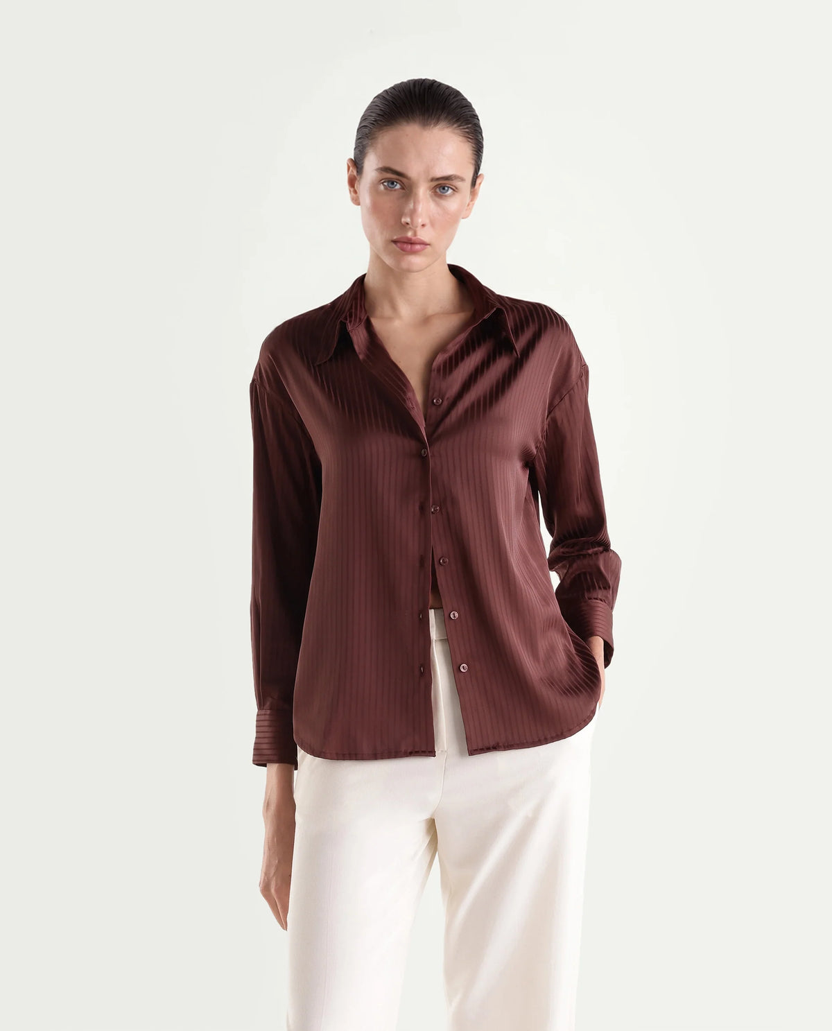 Rareism Women's Xia Dark Purple Polyester Spread Collar Relaxed Plain Shirt
