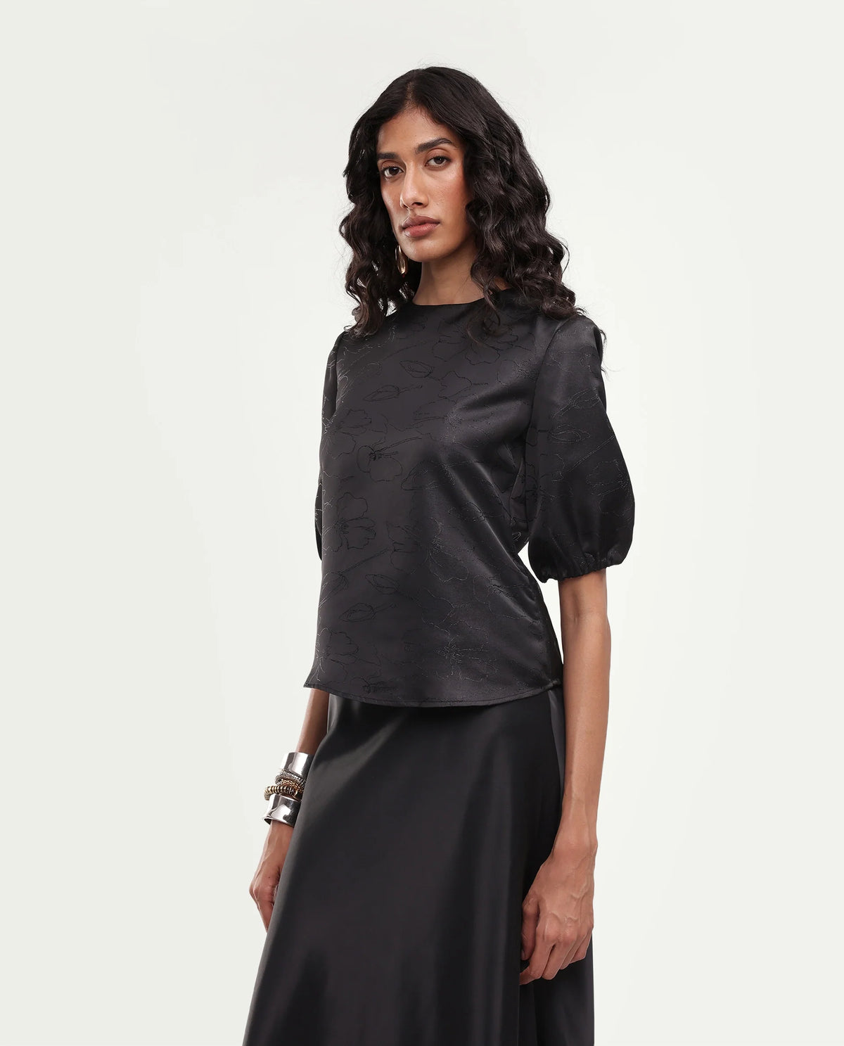 Rareism Women's Xenet Black Polyester Crew Neck Regular Jacquard Top