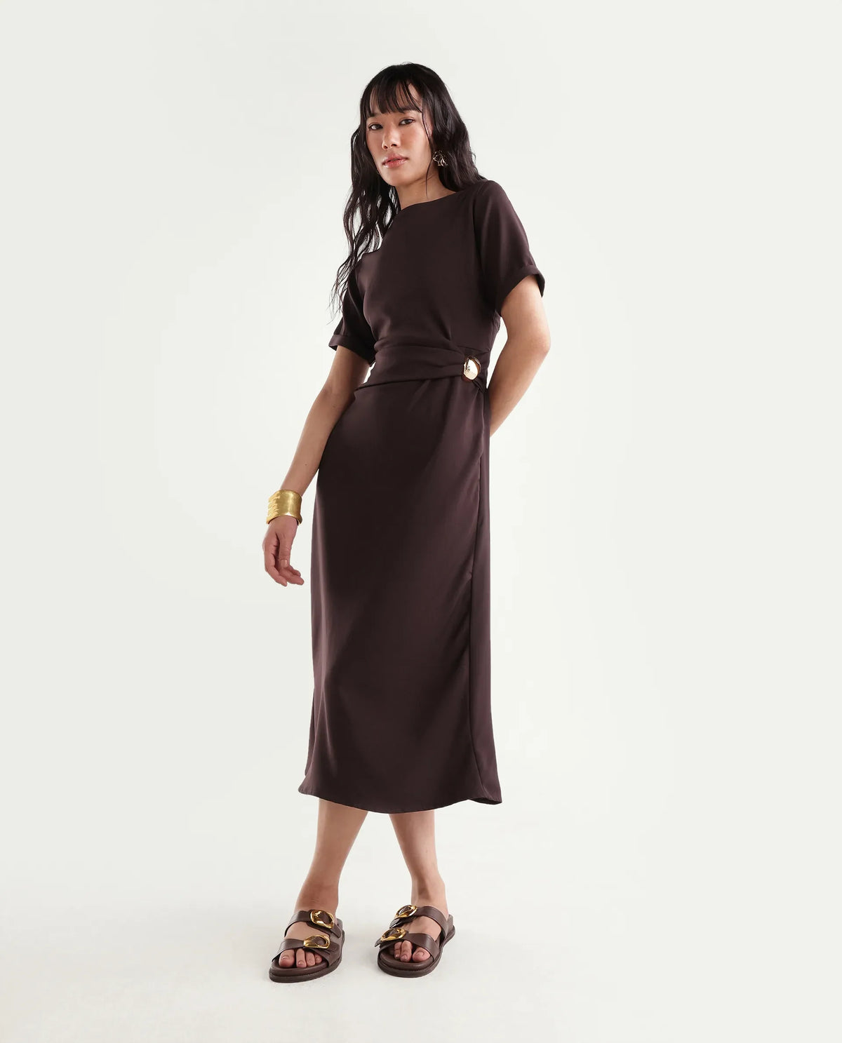 Rareism Women's Xavim Dark Brown Polyester Crew Neck Sheath Plain Dress