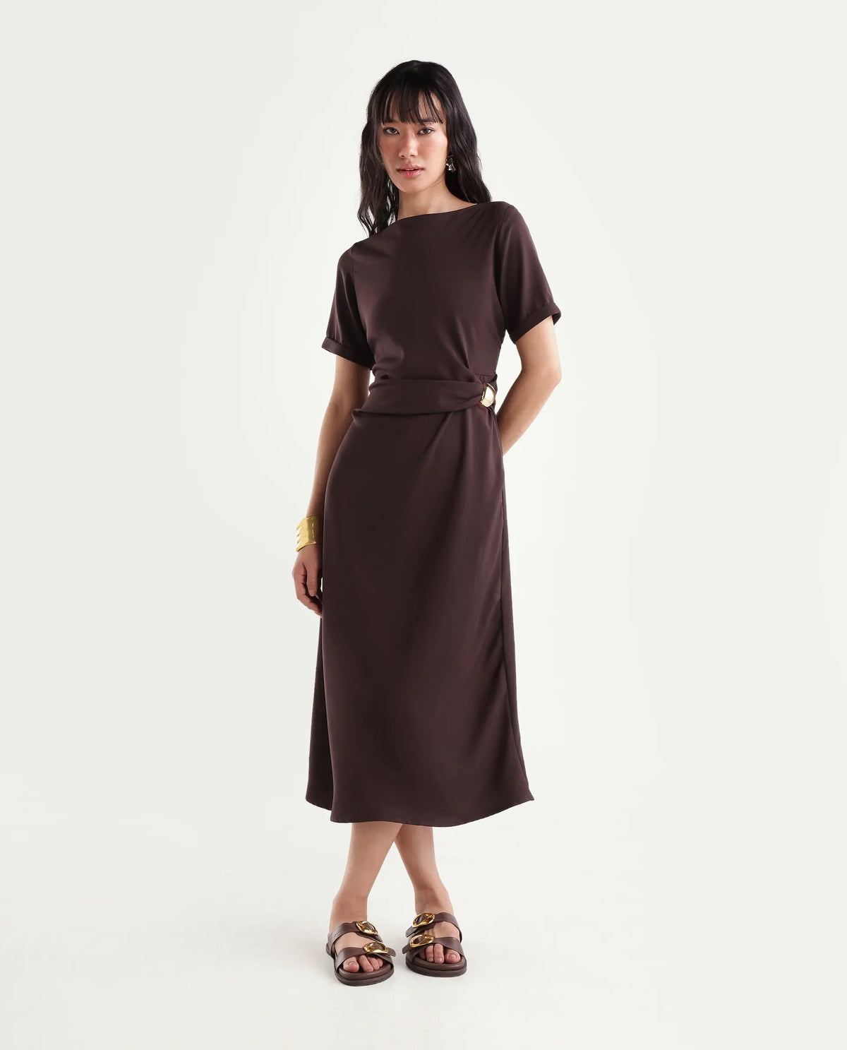 Rareism Women's Xavim Dark Brown Polyester Crew Neck Sheath Plain Dress