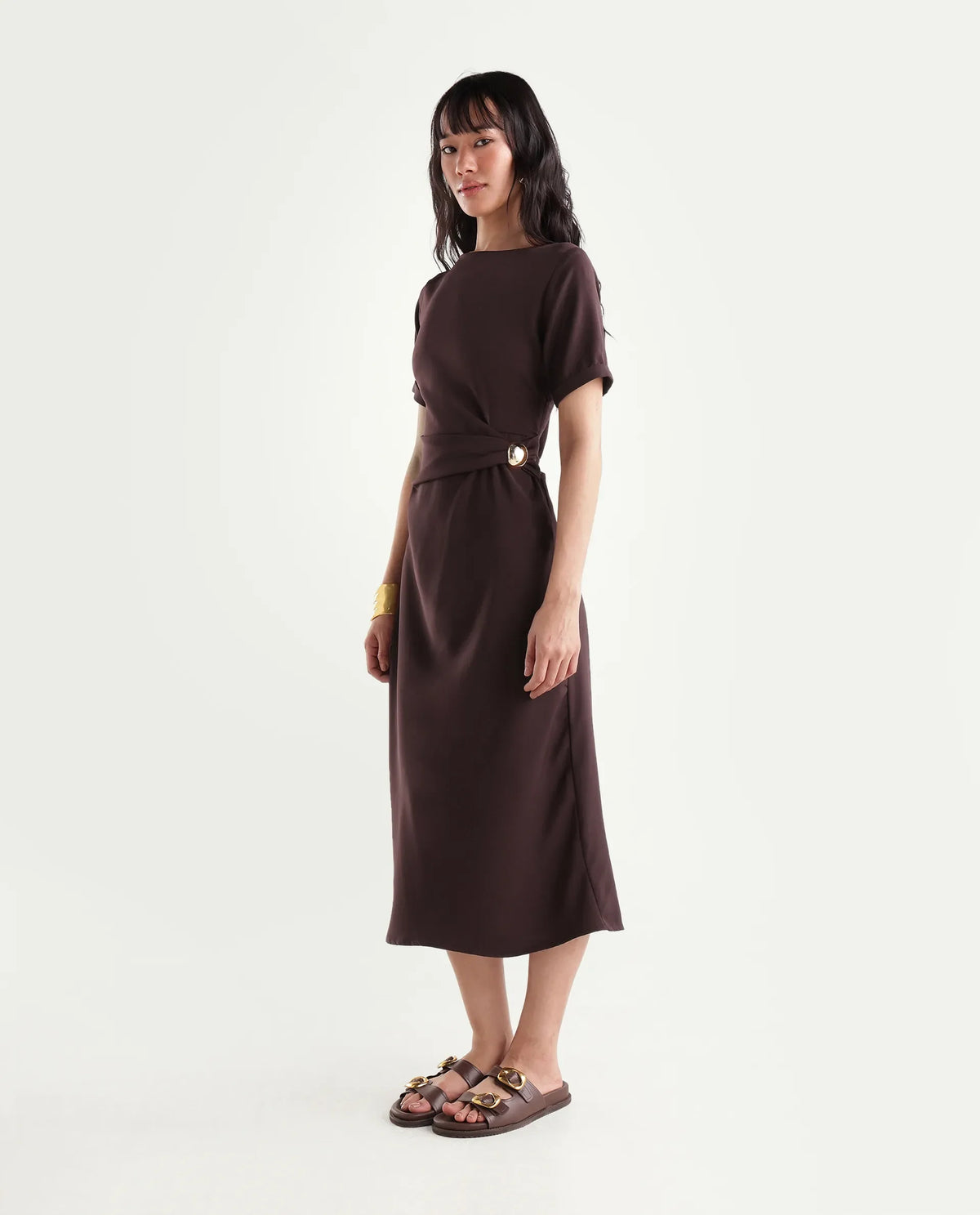 Rareism Women's Xavim Dark Brown Polyester Crew Neck Sheath Plain Dress