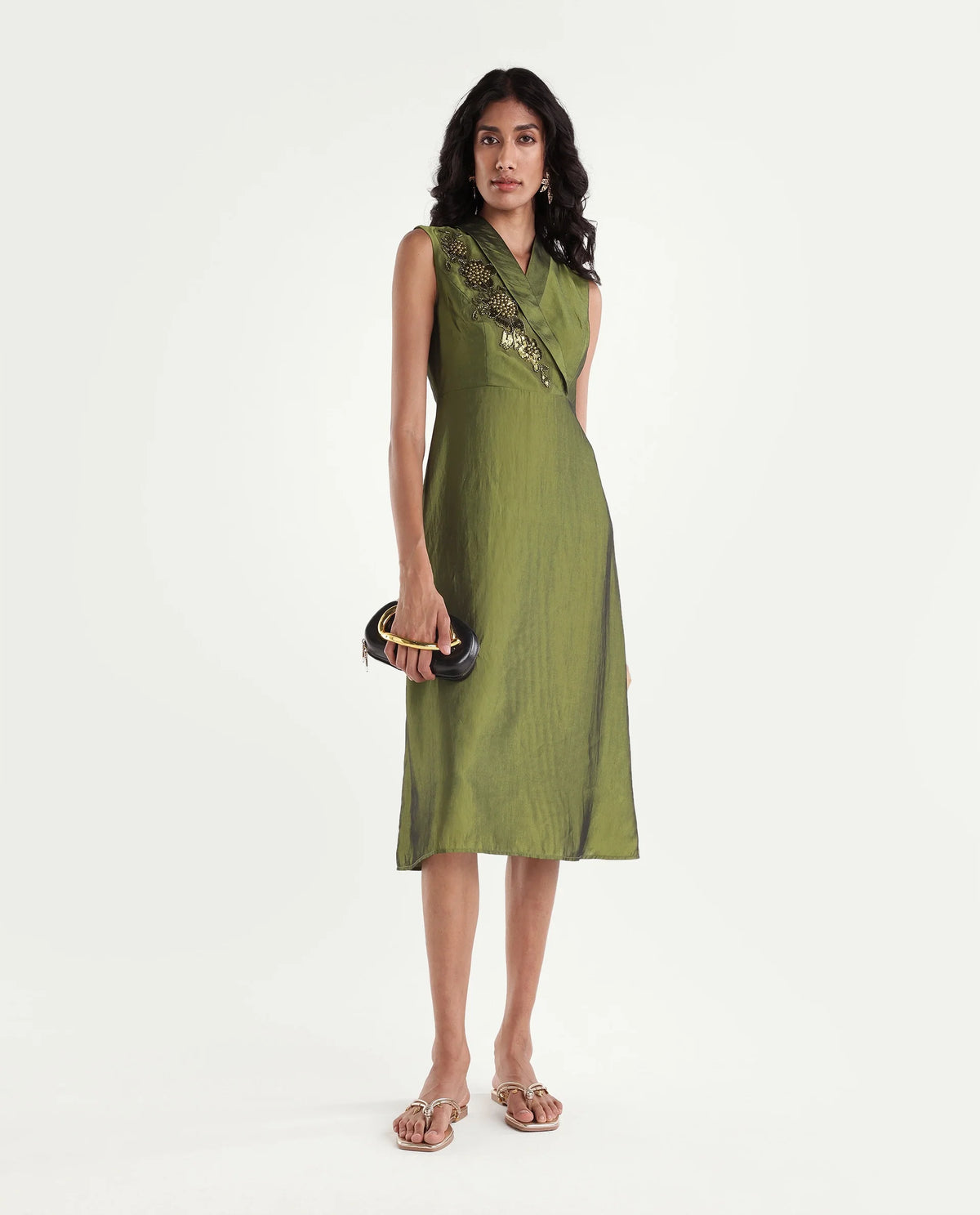 Rareism Women's Xanew Olive Viscose Blend Band Collar Fit And Flare Plain Dress