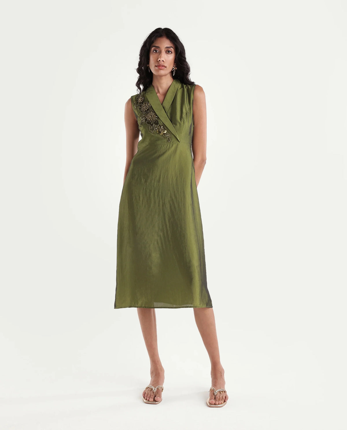 Rareism Women's Xanew Olive Viscose Blend Band Collar Fit And Flare Plain Dress
