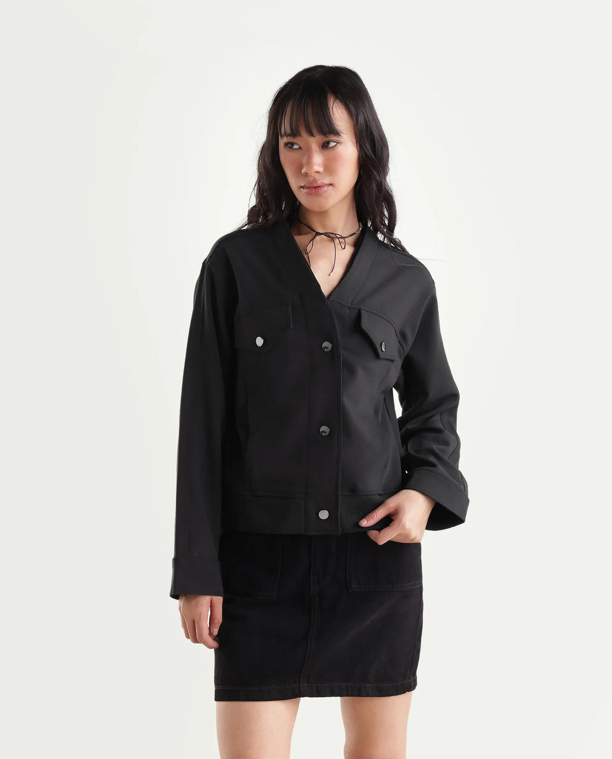 Rareism Women's Ipek Primary Black Polyester Blend V-Neck Regular Plain Jacket