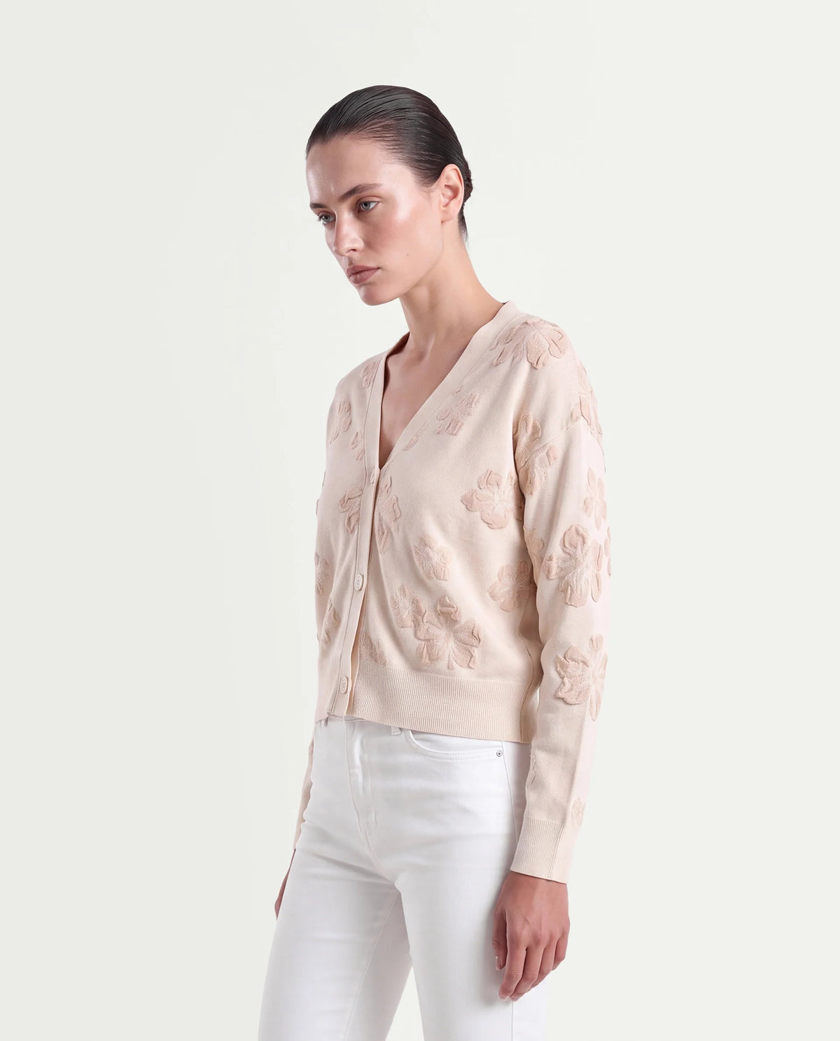 Rareism Women's Lamol Primary Off White Acrylic Blend V-Neck Relaxed Floral Print Cardigan