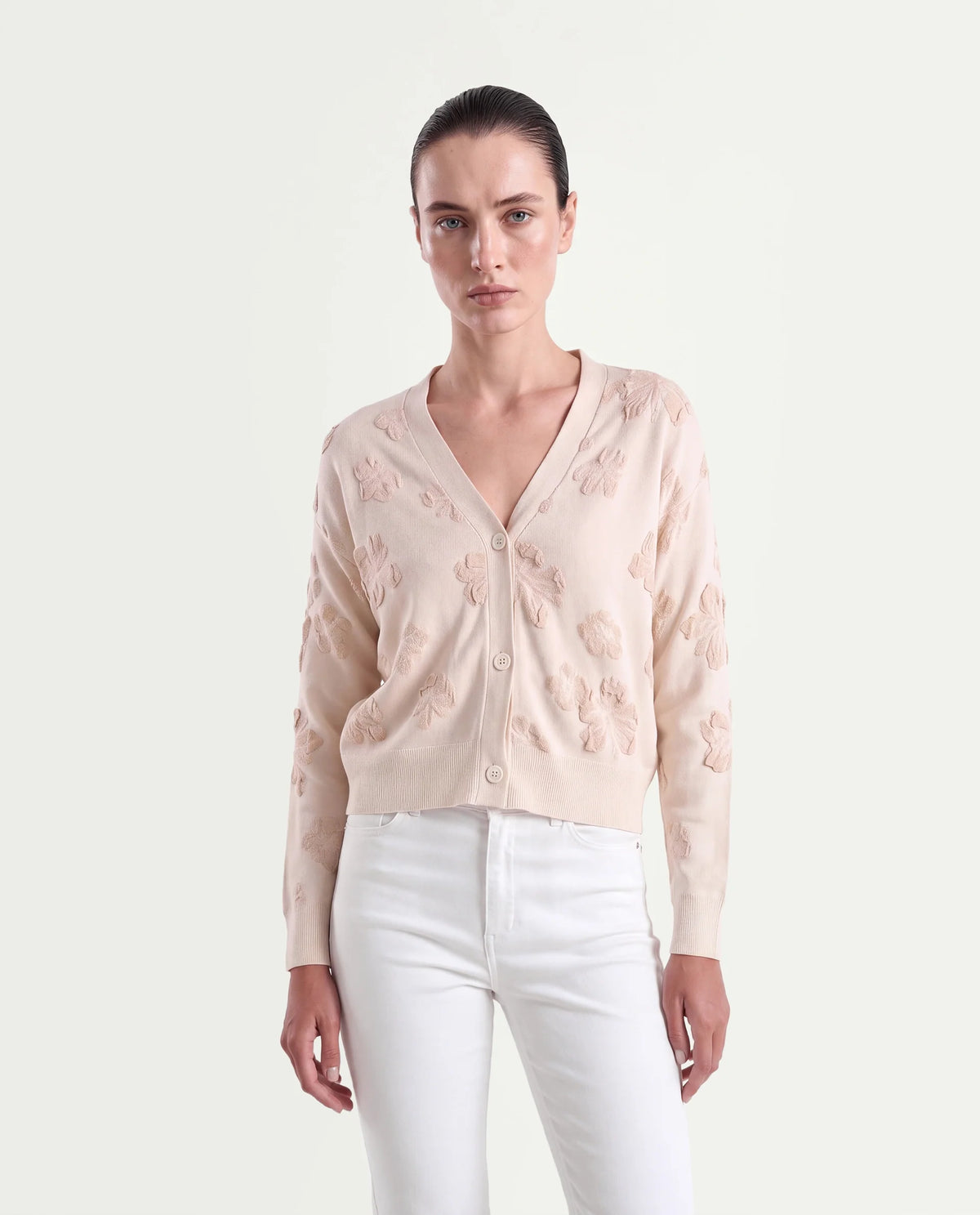 Rareism Women's Lamol Primary Off White Acrylic Blend V-Neck Relaxed Floral Print Cardigan