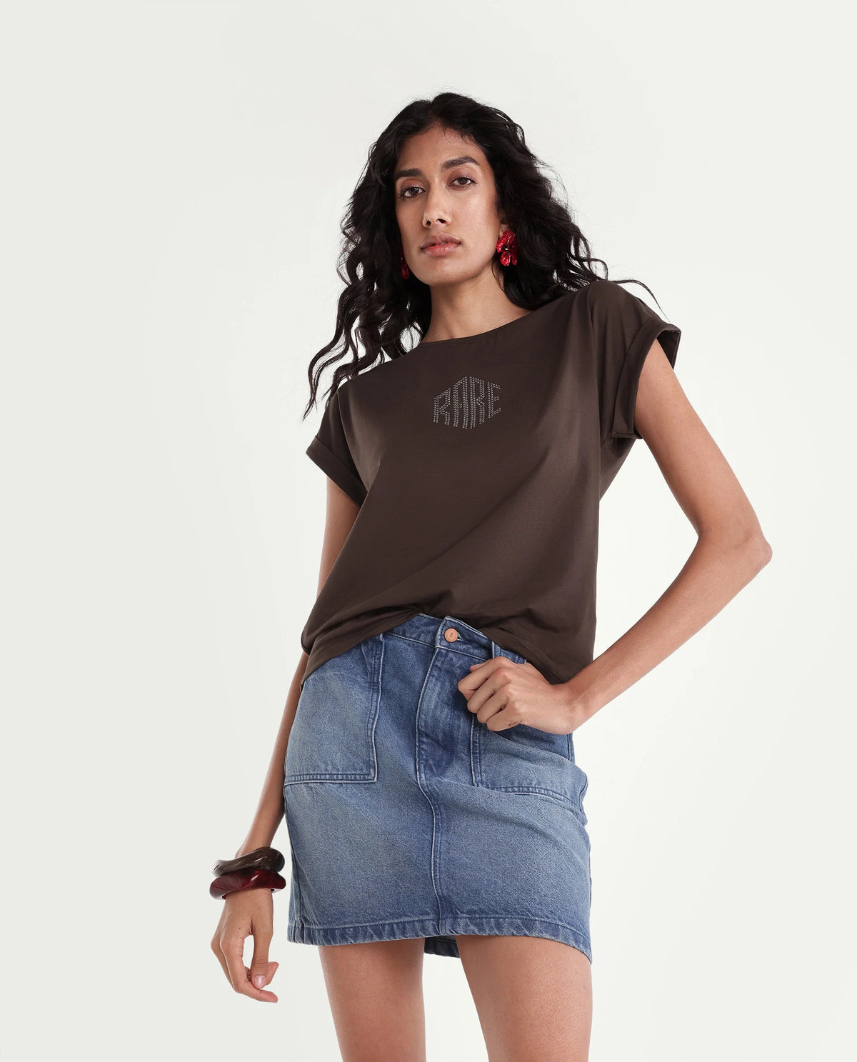 Rareism Women's Pimzu Dark Maroon Cotton Blend Crew Neck Relaxed Typography Print T-Shirt