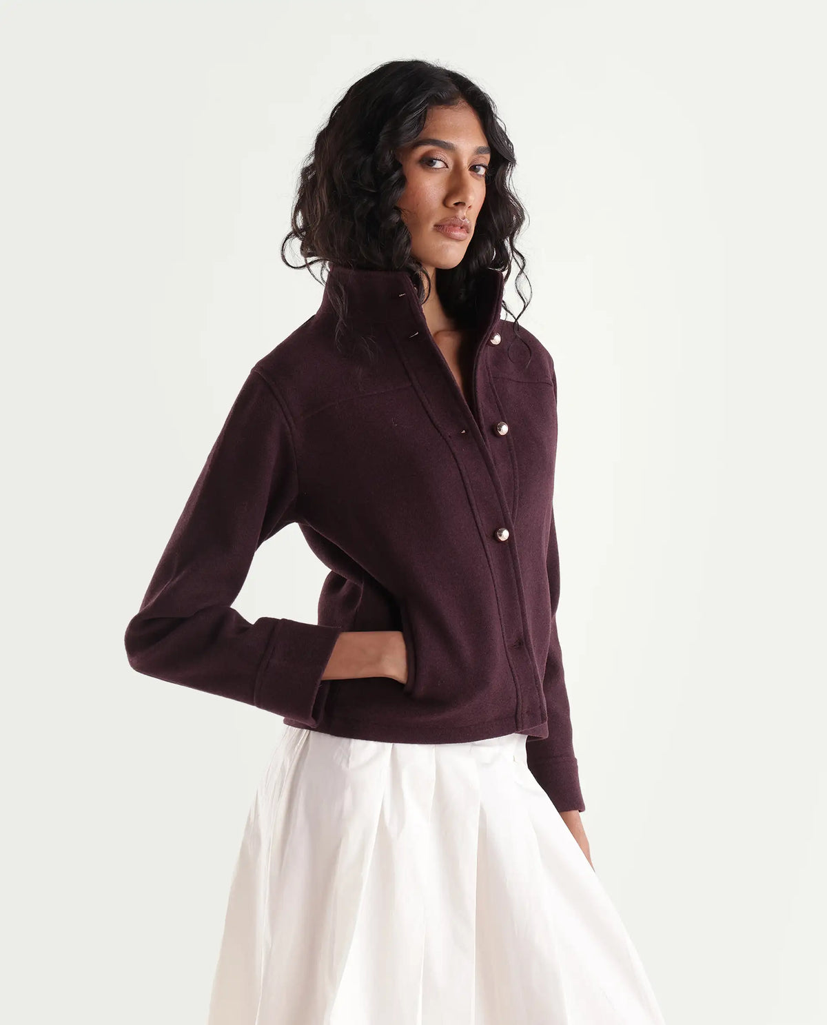 Rareism Women's Kliop Dark Maroon Polyester Blend Stand Collar Button Regular Plain Jacket