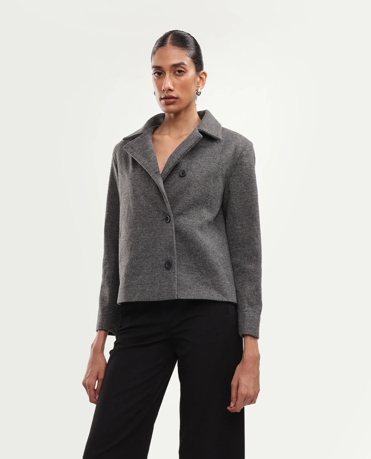 Rareism Women's Kinter Grey Polyester Blend Spread Collar Button Regular Plain Jacket