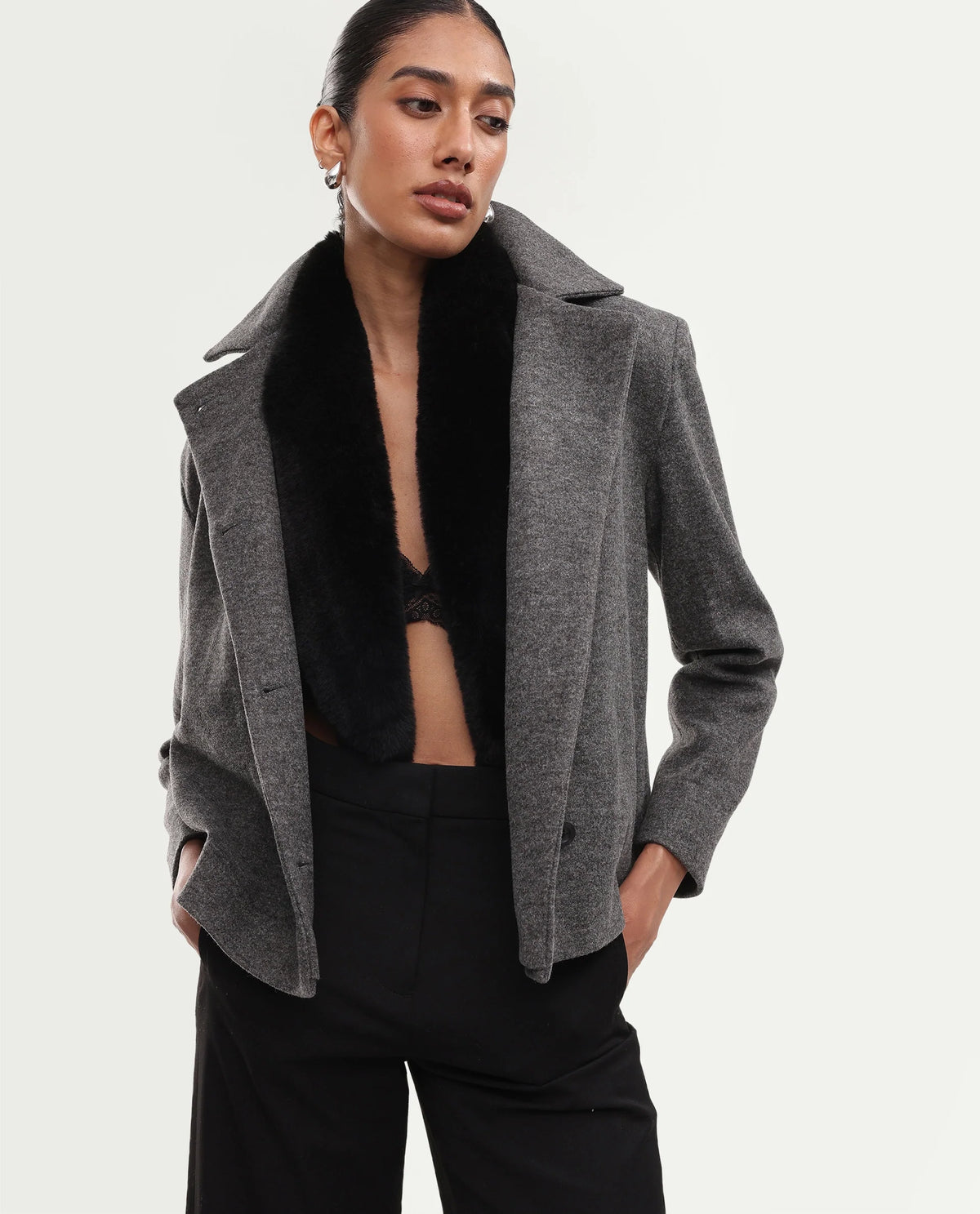 Rareism Women's Kinter Grey Polyester Blend Spread Collar Button Regular Plain Jacket