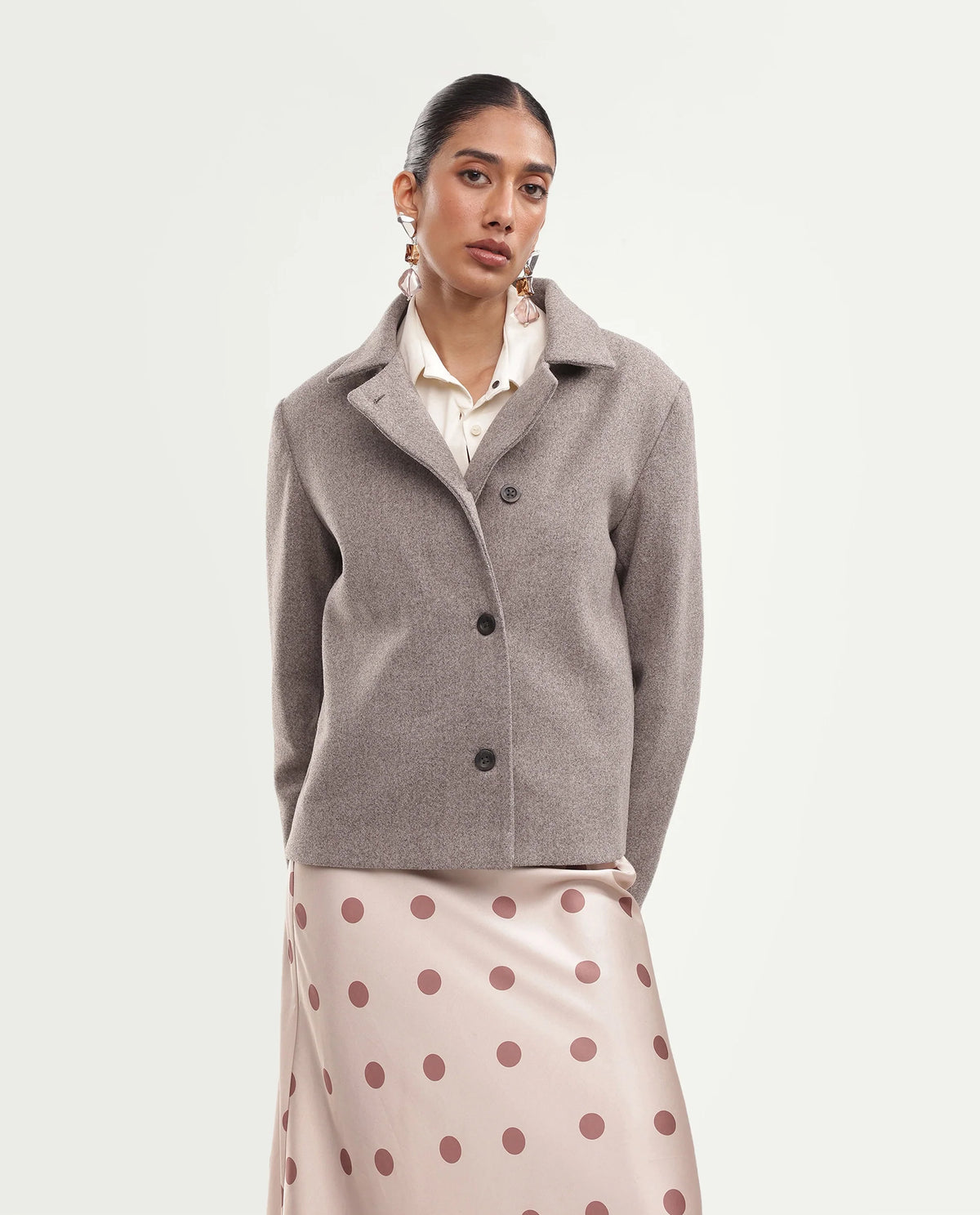Rareism Women's Kinter Dusky Beige Polyester Blend Spread Collar Button Regular Plain Jacket