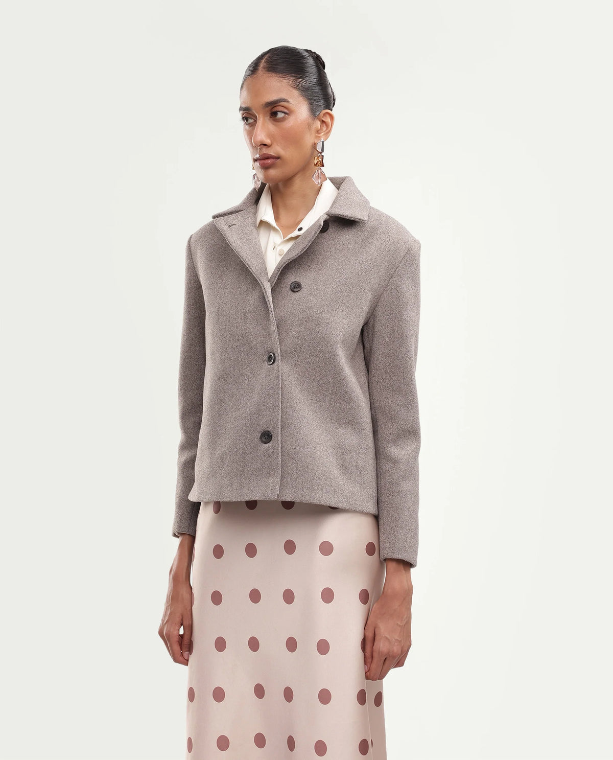 Rareism Women's Kinter Dusky Beige Polyester Blend Spread Collar Button Regular Plain Jacket
