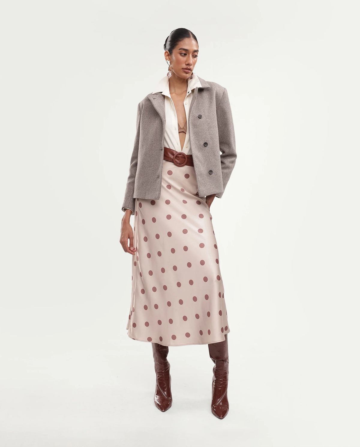 Rareism Women's Kinter Dusky Beige Polyester Blend Spread Collar Button Regular Plain Jacket