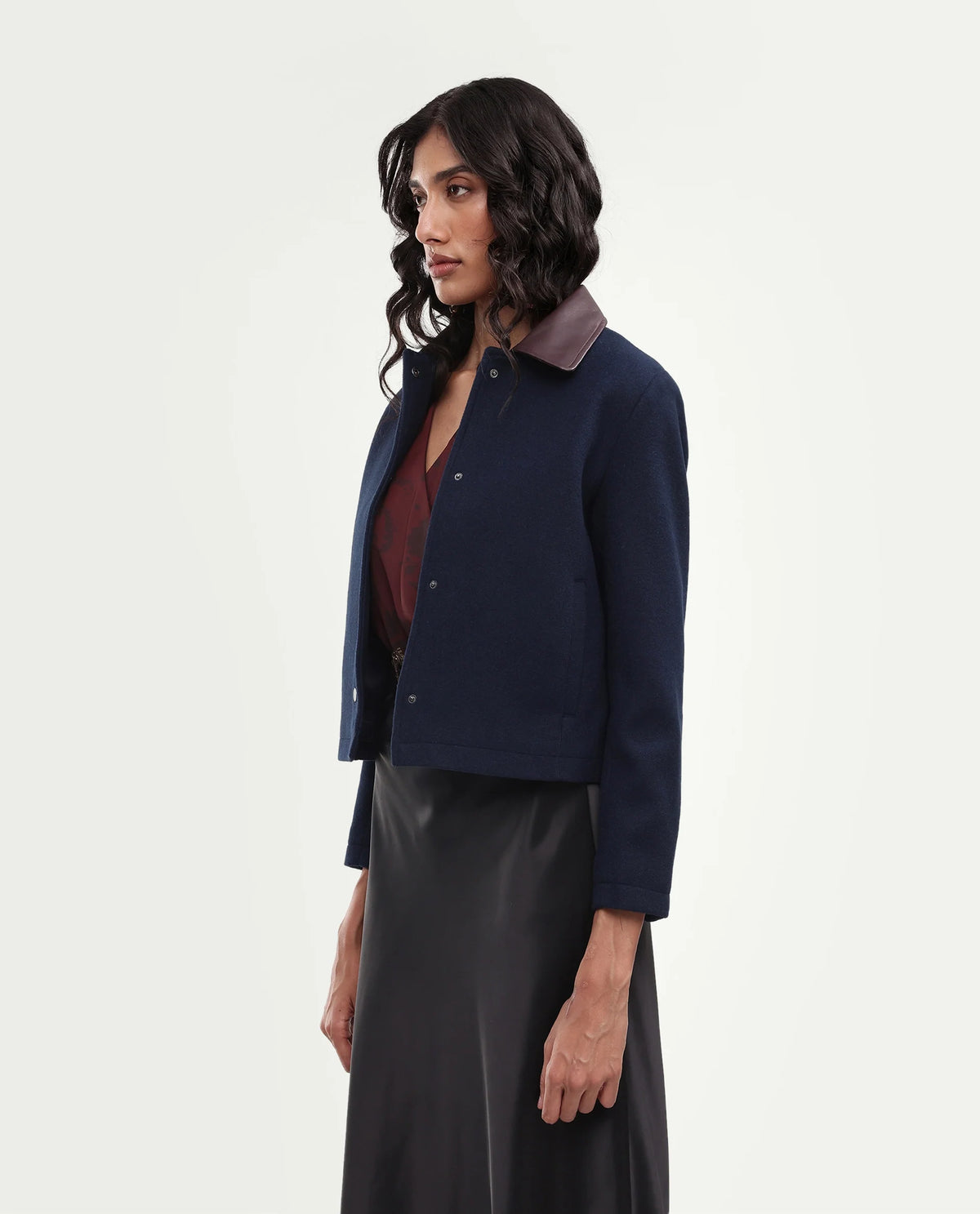 Rareism Women's Kiko Navy Polyester Blend Spread Collar Button Regular Plain Jacket