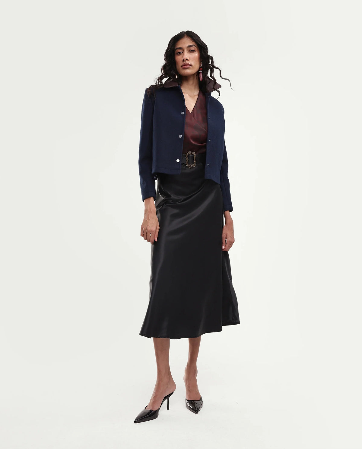 Rareism Women's Kiko Navy Polyester Blend Spread Collar Button Regular Plain Jacket