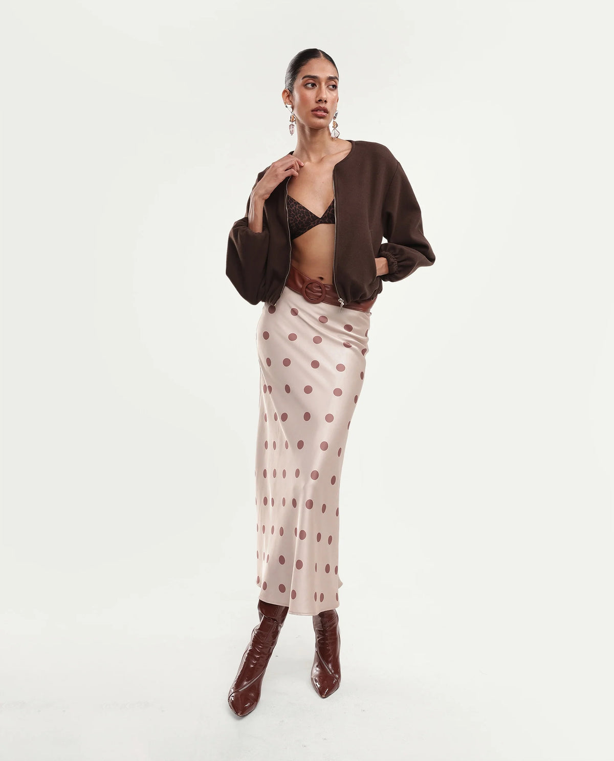 Rareism Women's Zaro Dark Brown Polyester Blend Crew Neck Zipper Regular Plain Jacket