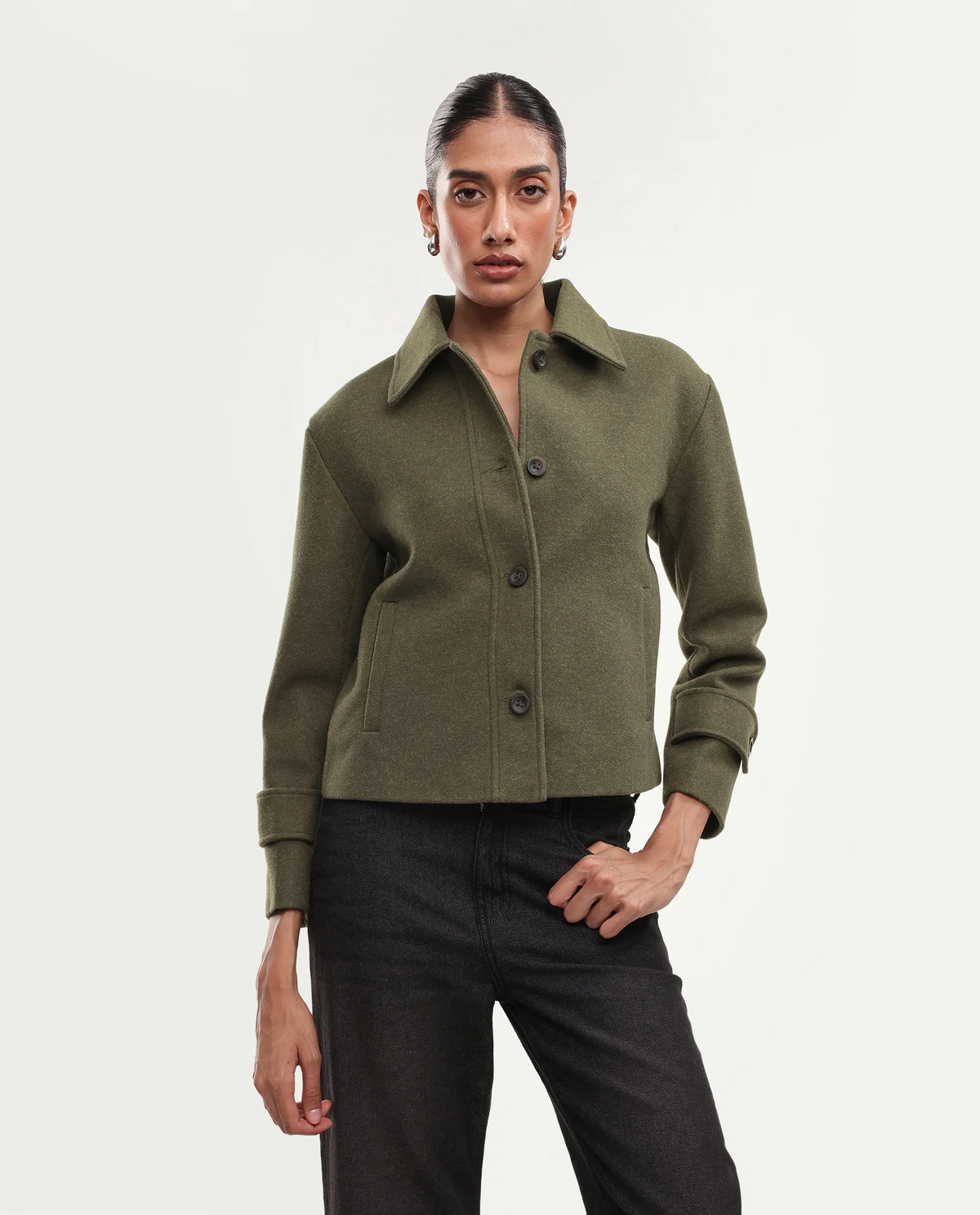 Rareism Women's Nikzoaw26 Green Polyester Blend Spread Collar Button Relaxed Plain Jacket