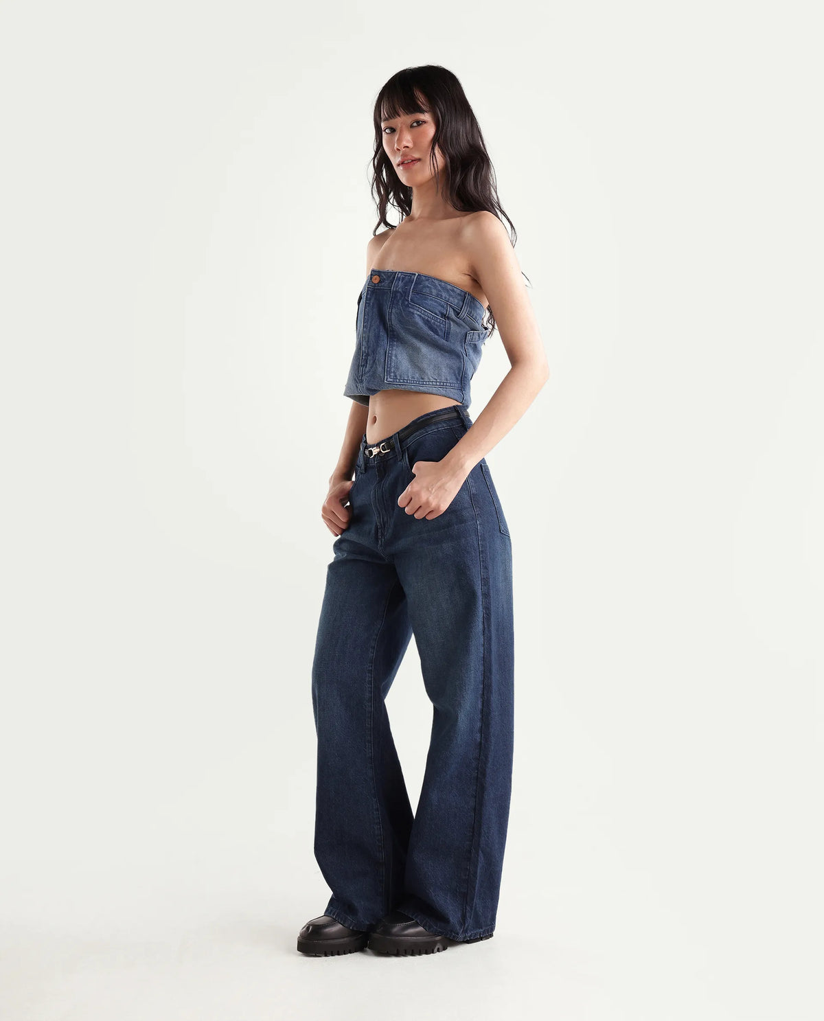 Rareism Women's Wyde-1 Dark Blue Cotton Shank And Zipper Sculpt High Wide Plain Jeans