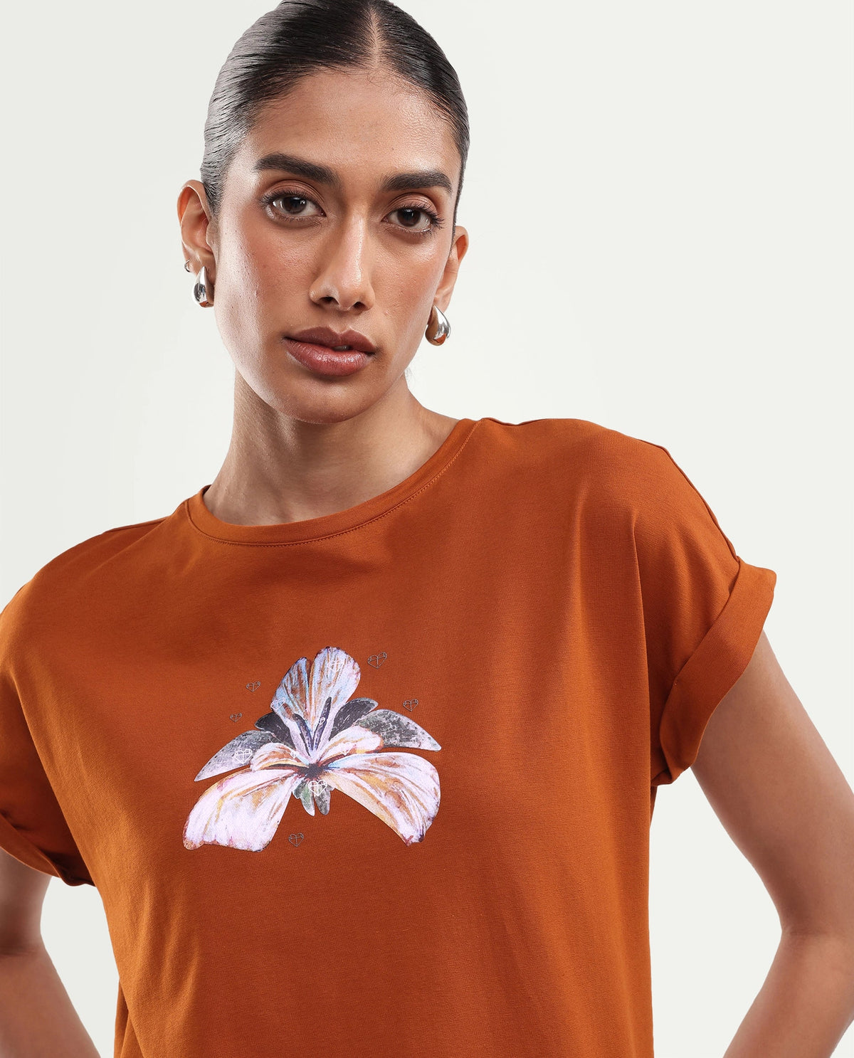 Rareism Women's Rolfers Rust Cotton Blend Crew Neck Regular Floral Print T-Shirt