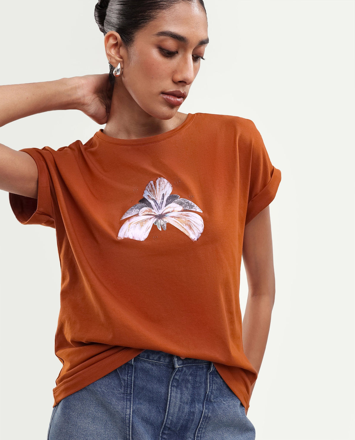 Rareism Women's Rolfers Rust Cotton Blend Crew Neck Regular Floral Print T-Shirt