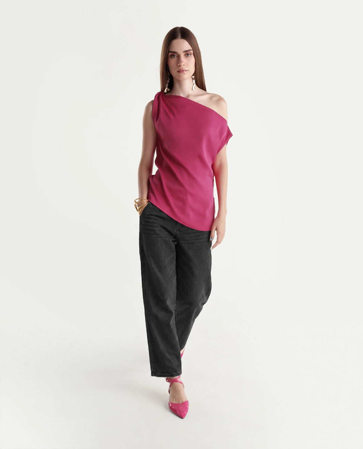 Rareism Women's Pringo Pink Polyester Crew Neck Regular Plain Top