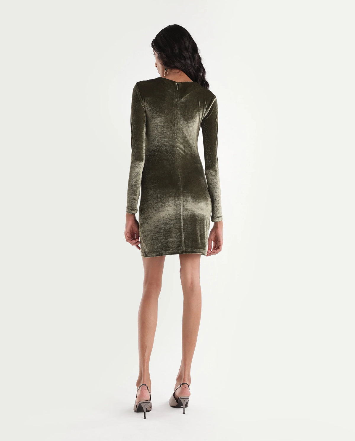 Rareism Women's Poton Dark Green Polyester Blend Crew Neck Bodycon Plain Dress