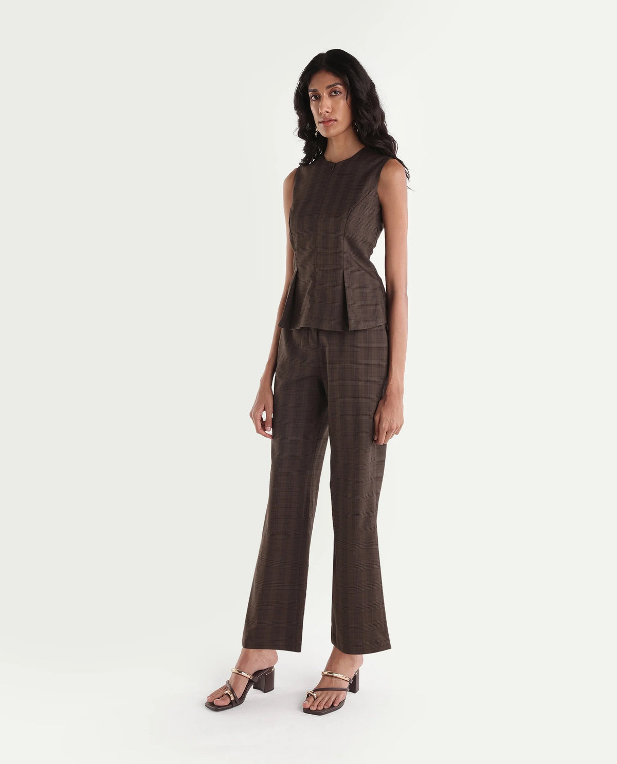 Rareism Women's Quzor-B Brown Polyester Blend Straight Checked Trouser