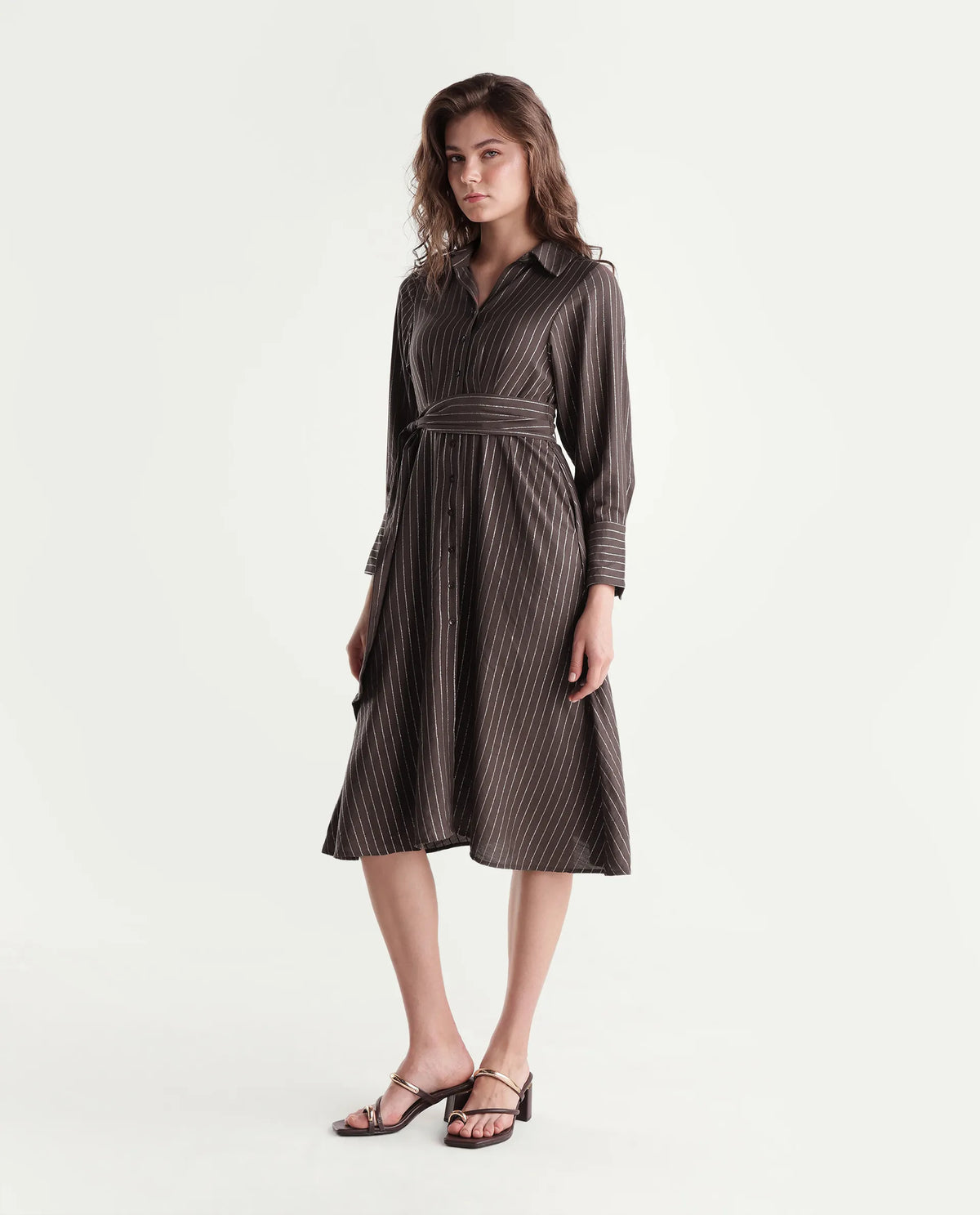Rareism Women's Qeen Brown Viscose Blend Spread Collar A-Line Striped Dress