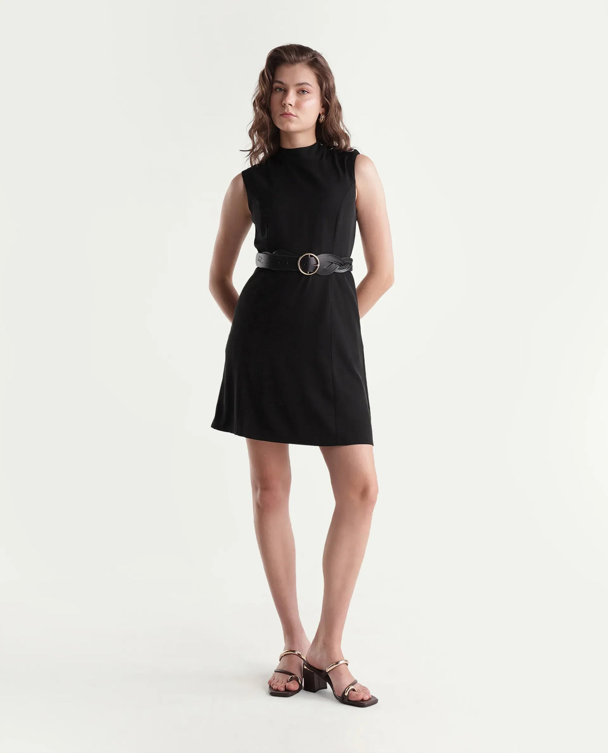 Rareism Women's Qory Black Polyester High Neck A-Line Plain Dress
