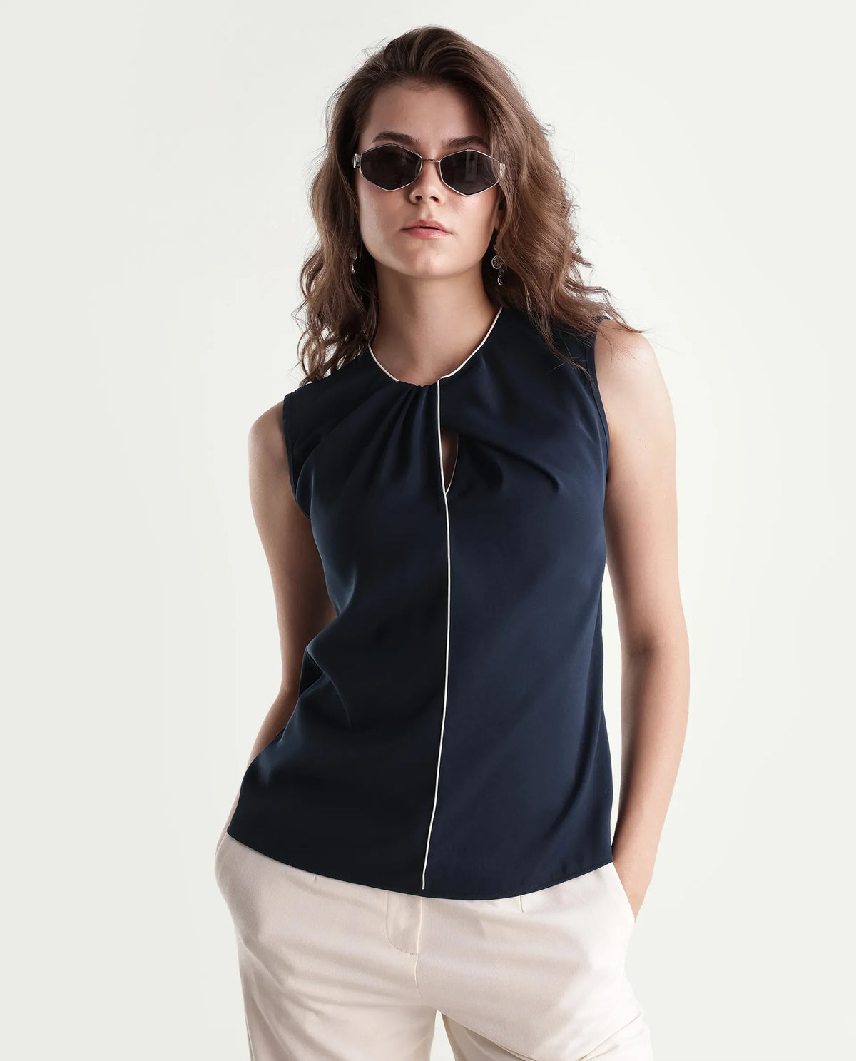 Rareism Women's Wade Navy Polyester Crew Neck Regular Plain Top