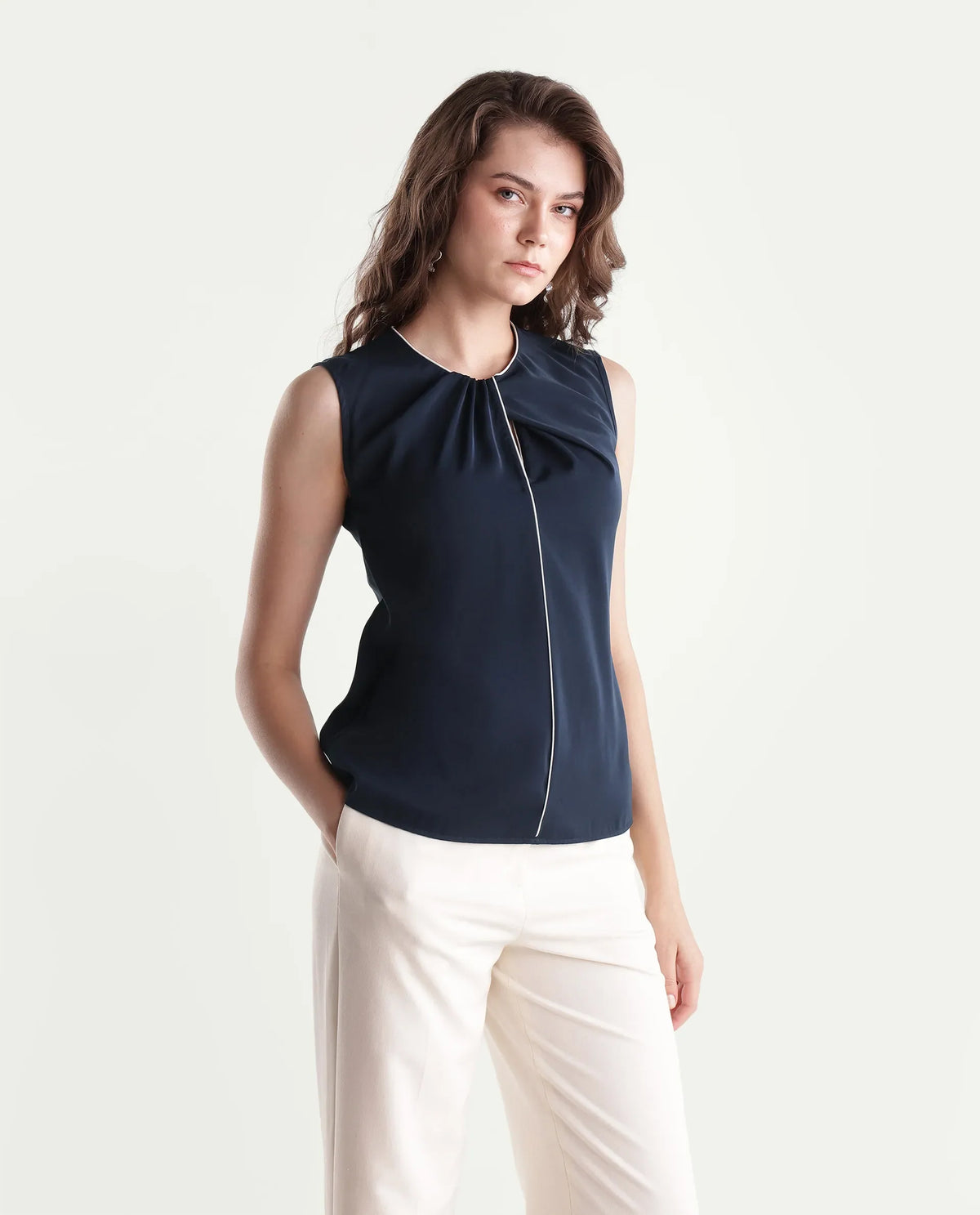 Rareism Women's Wade Navy Polyester Crew Neck Regular Plain Top