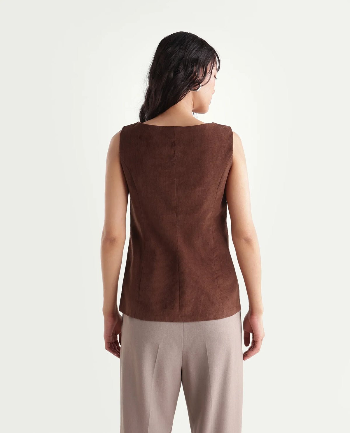 Rareism Women's Zina Brown Cotton Boat Neck Fitted Plain Waist Coat