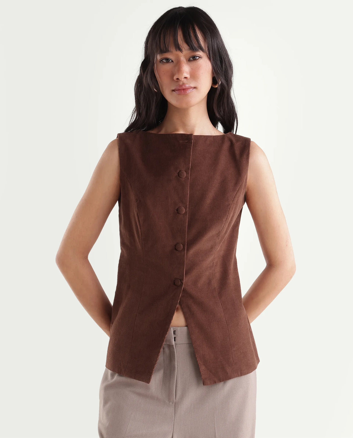 Rareism Women's Zina Brown Cotton Boat Neck Fitted Plain Waist Coat