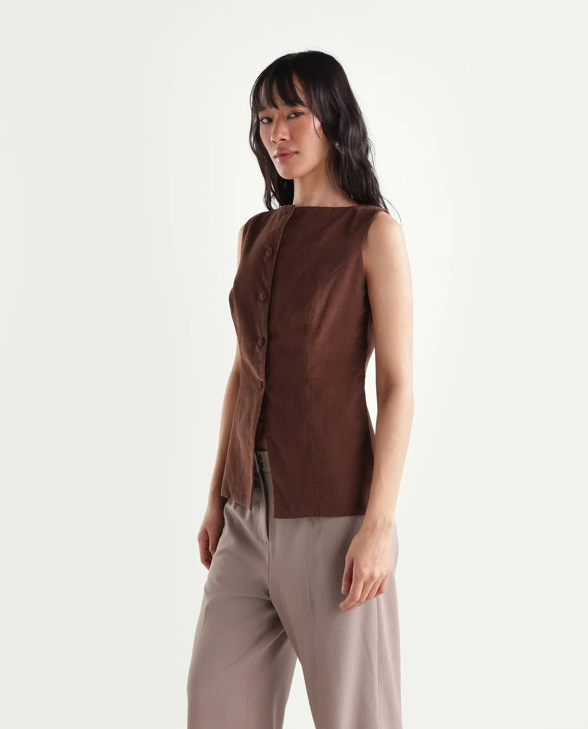 Rareism Women's Zina Brown Cotton Boat Neck Fitted Plain Waist Coat