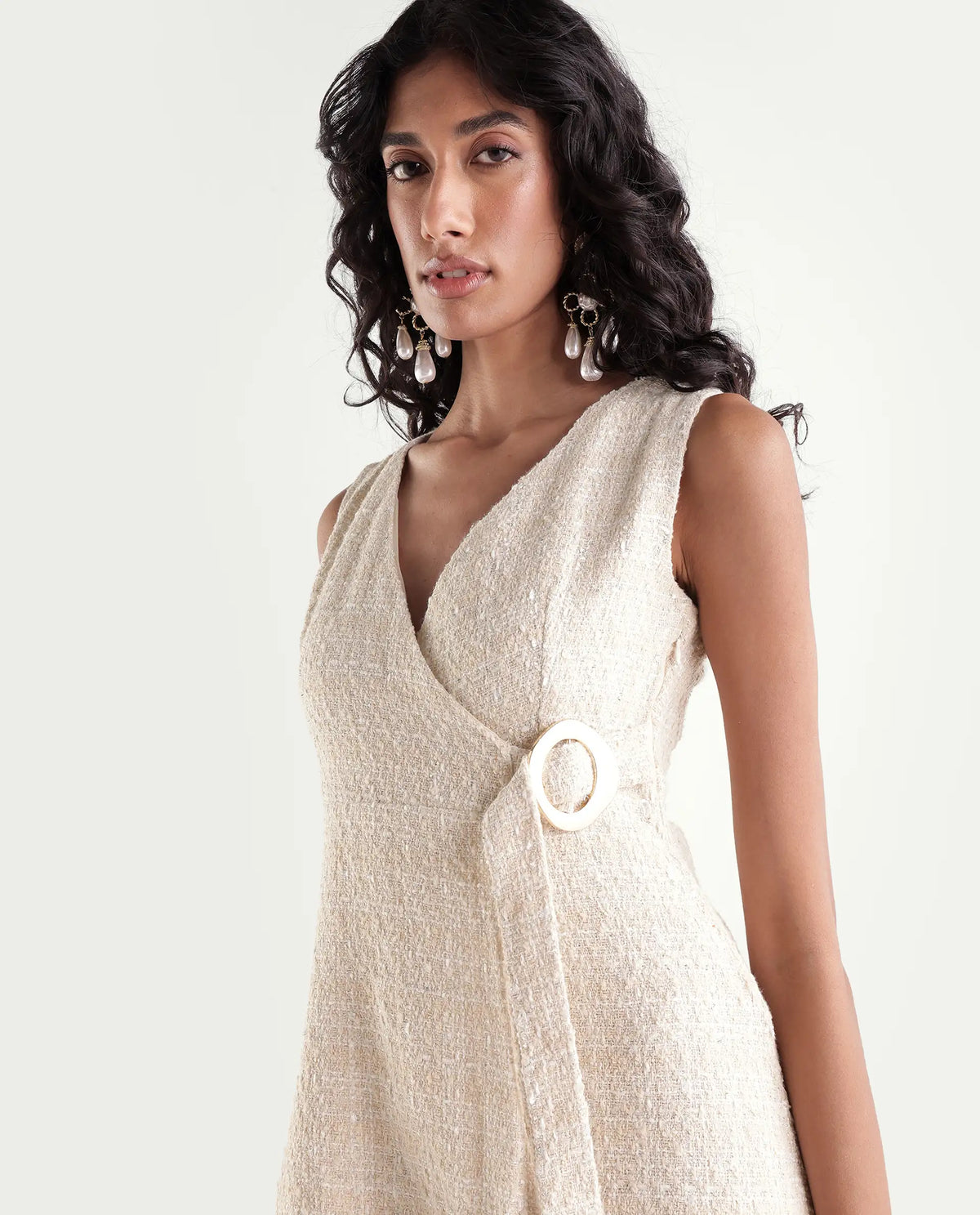 Rareism Women's Pween Off White Polyester Blend Wrap Plain Dress