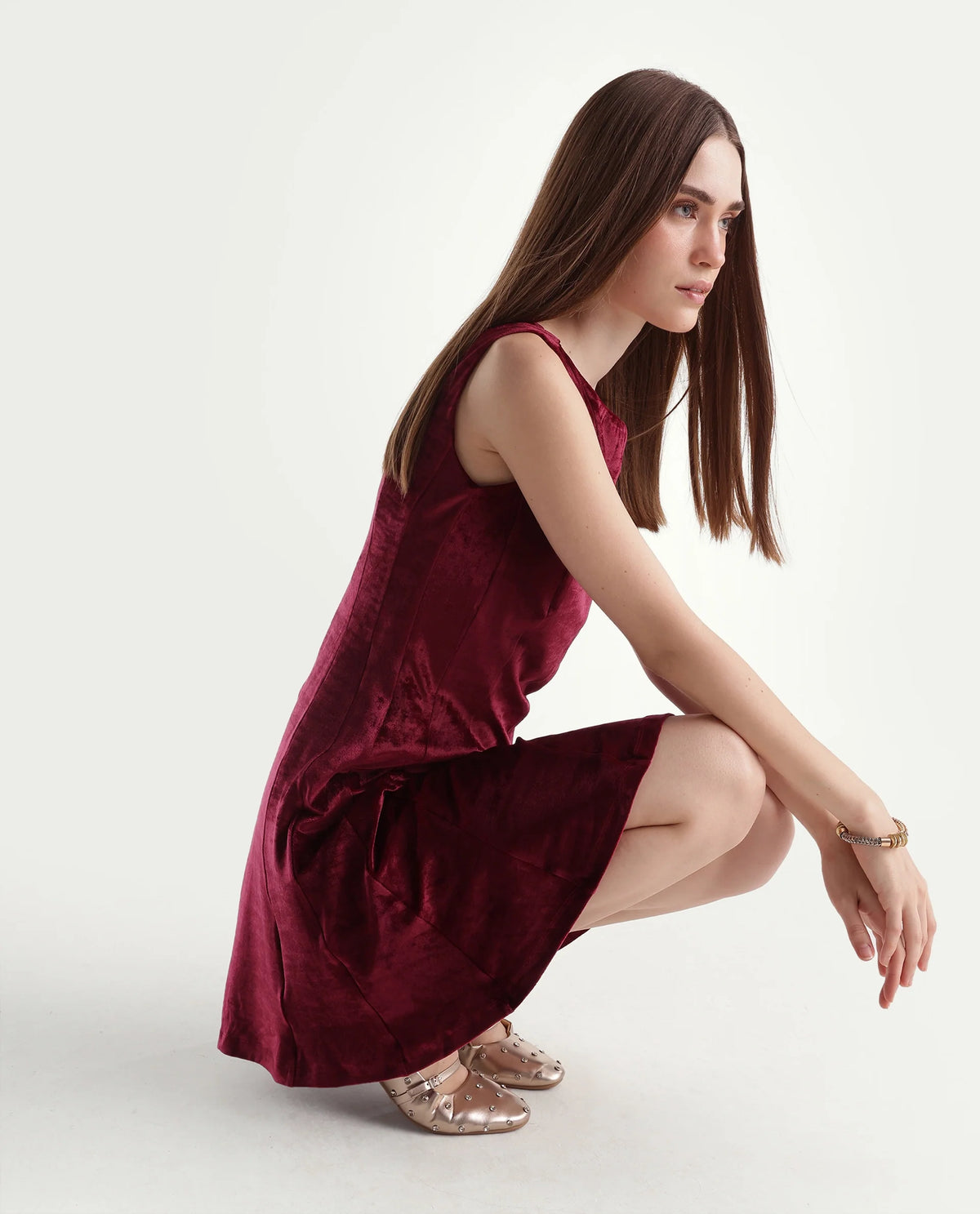 Rareism Women's Potac Maroon Polyester Blend Crew Neck Fit And Flare Plain Dress