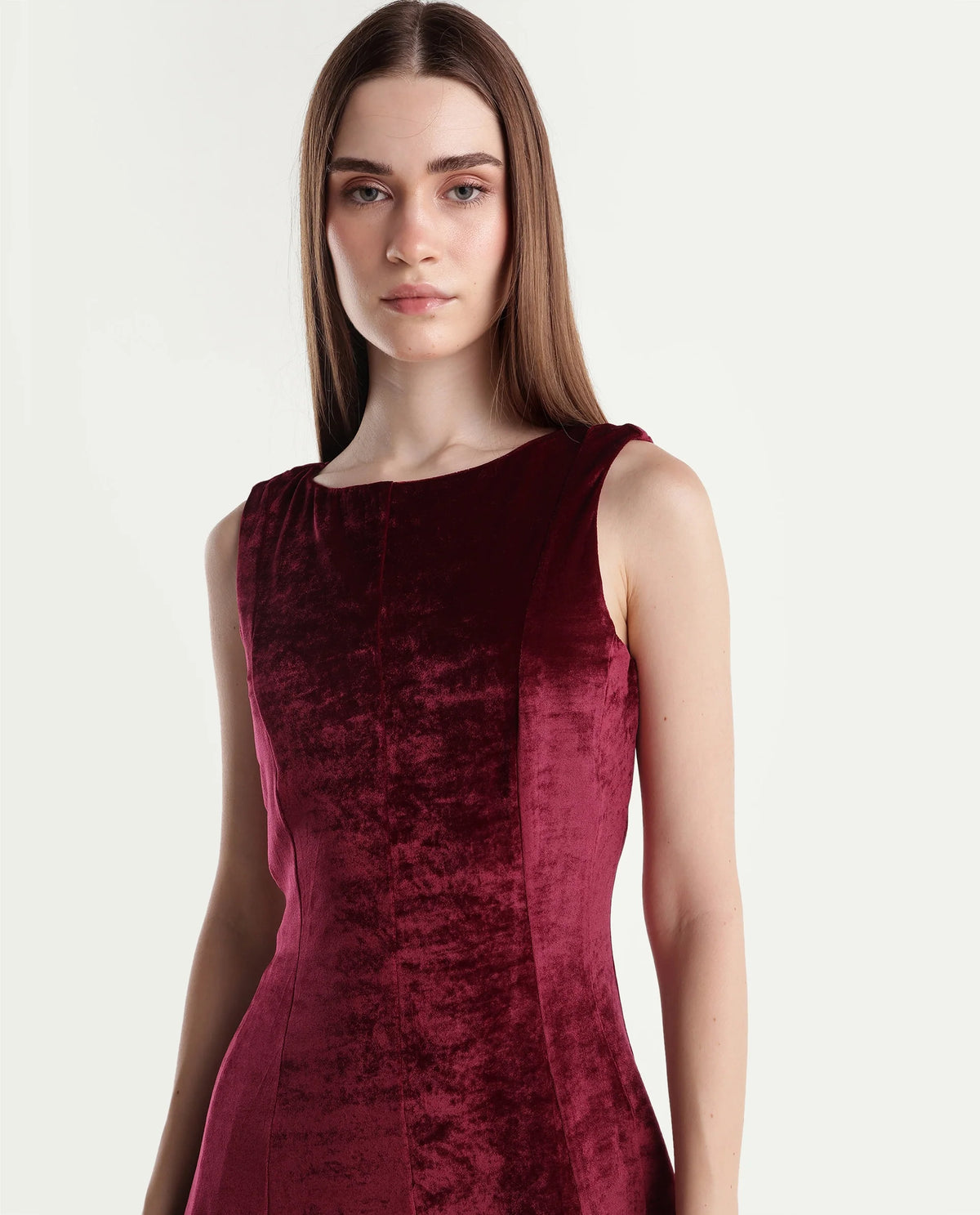 Rareism Women's Potac Maroon Polyester Blend Crew Neck Fit And Flare Plain Dress