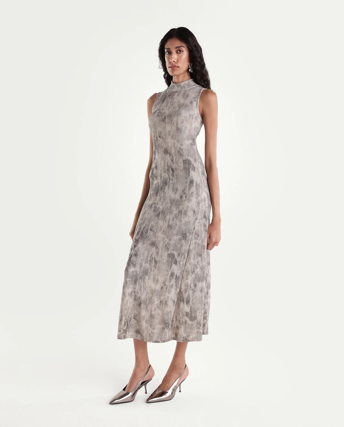 Rareism Women's Parissa Light Grey Nylon Blend Turtle Neck Fit And Flare Abstract Print Dress