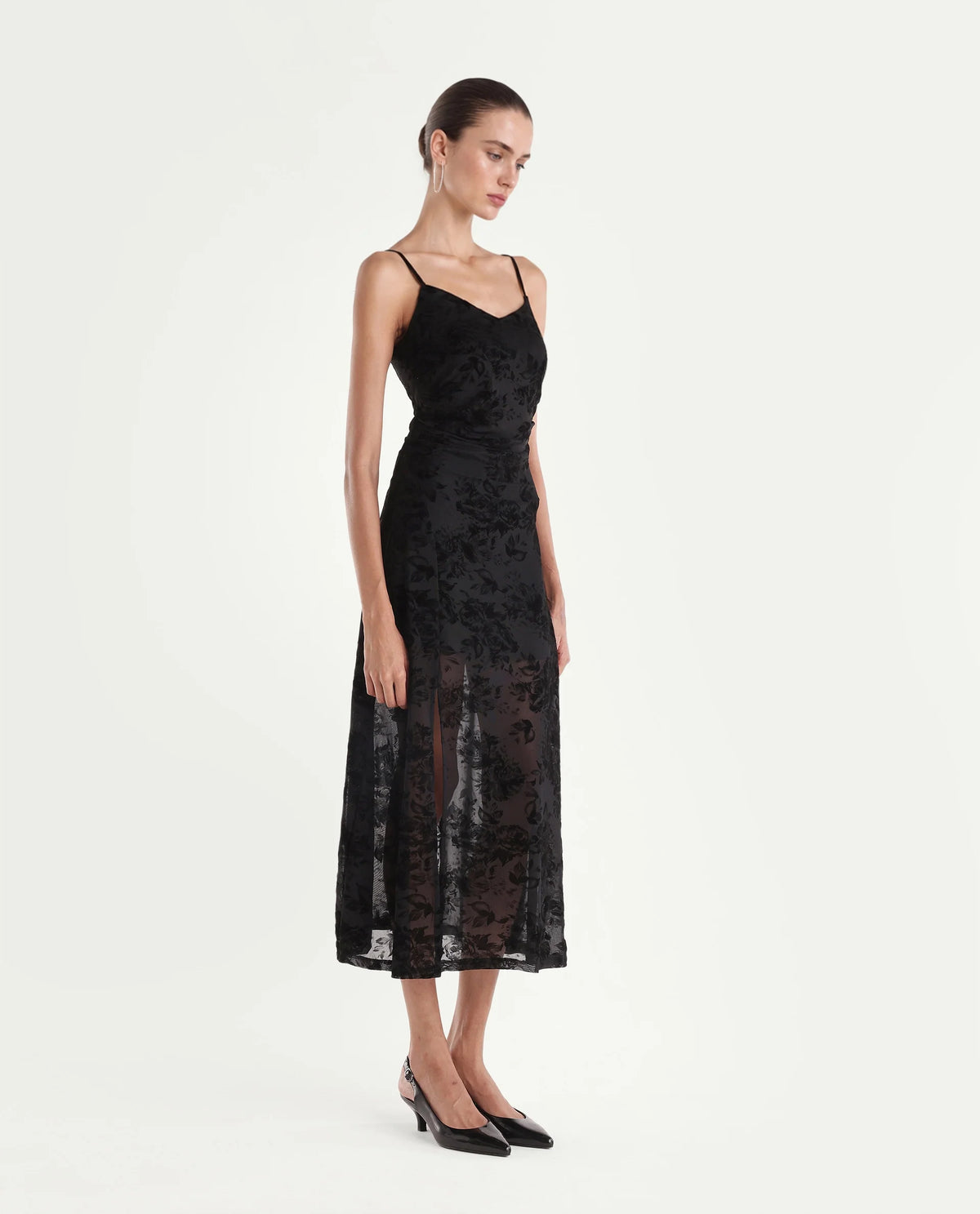 Rareism Women's Post Black Cotton Blend V-Neck Fit And Flare Floral Print Dress