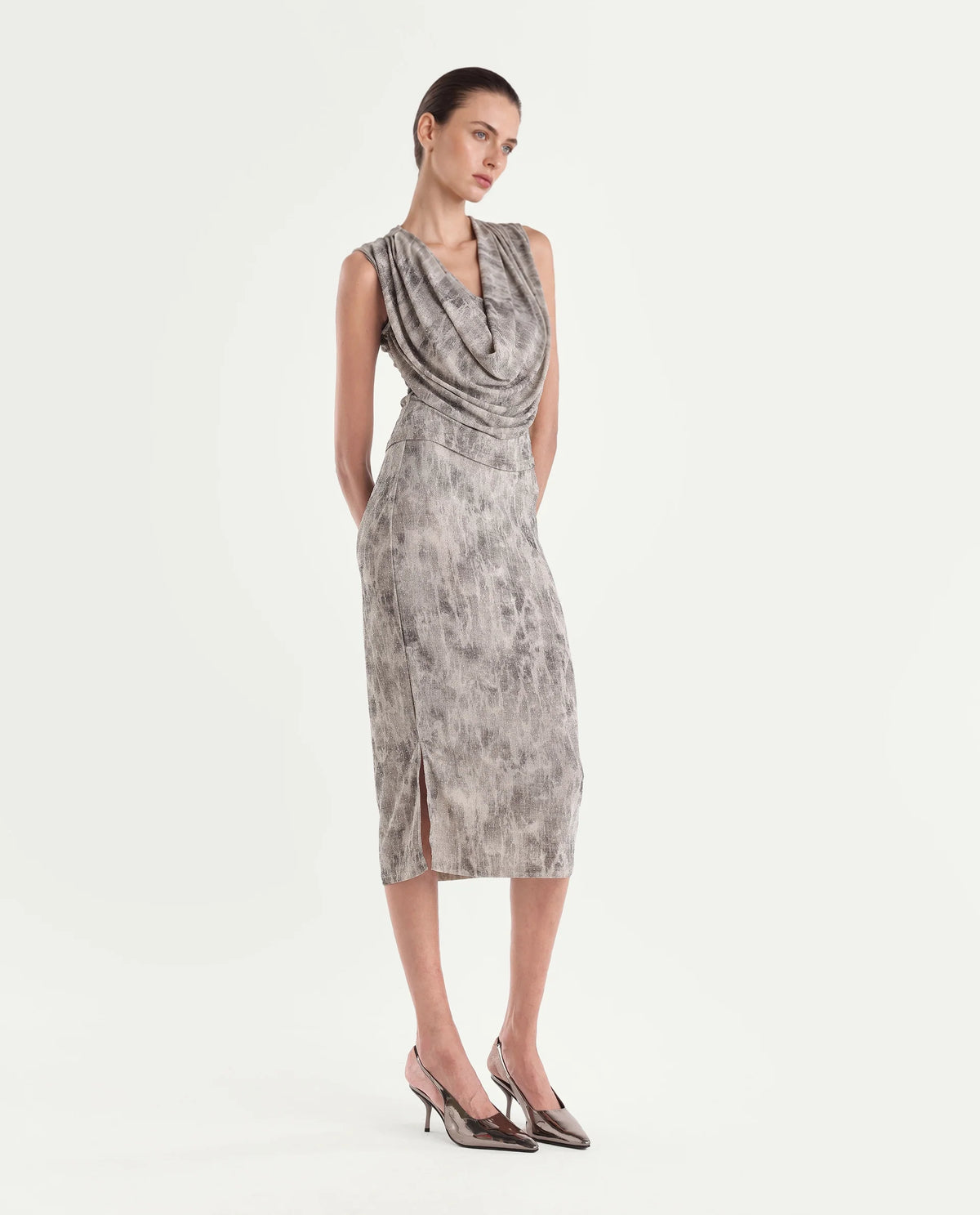 Rareism Women's Padel-T Light Grey Nylon Blend Cowl Neck Relaxed Abstract Print Top