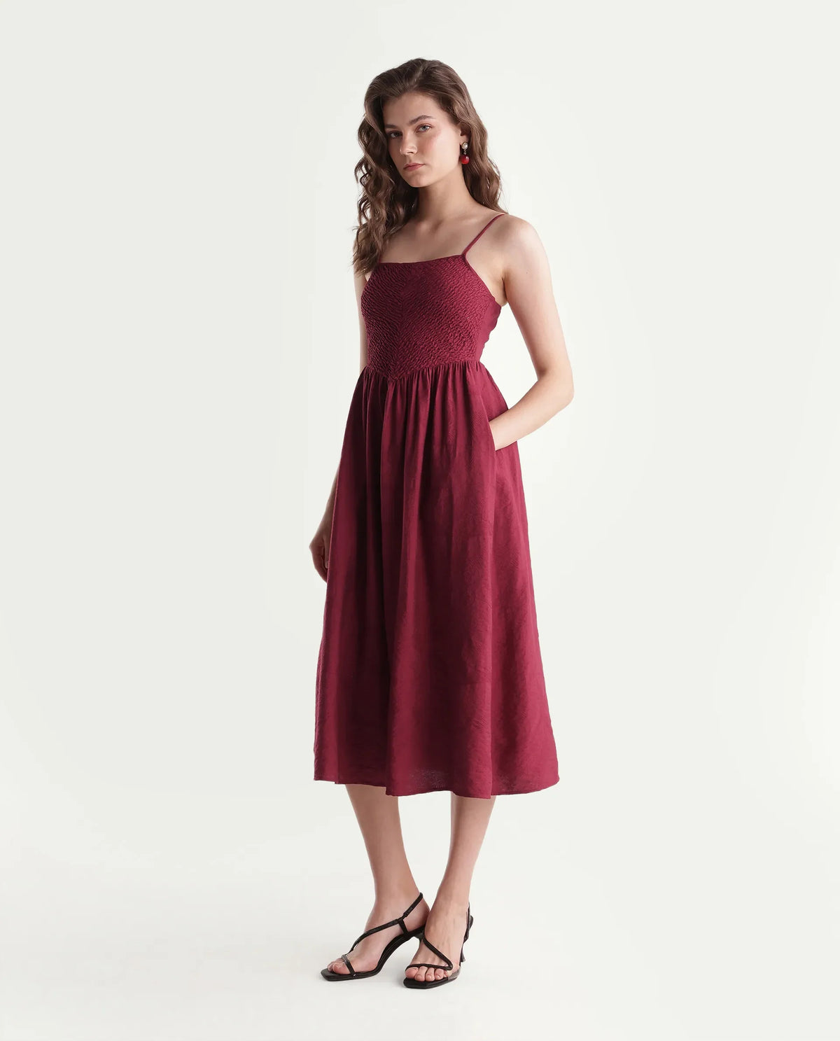 Rareism Women's Brita Maroon Viscose Blend Fit And Flare Jacquard Dress