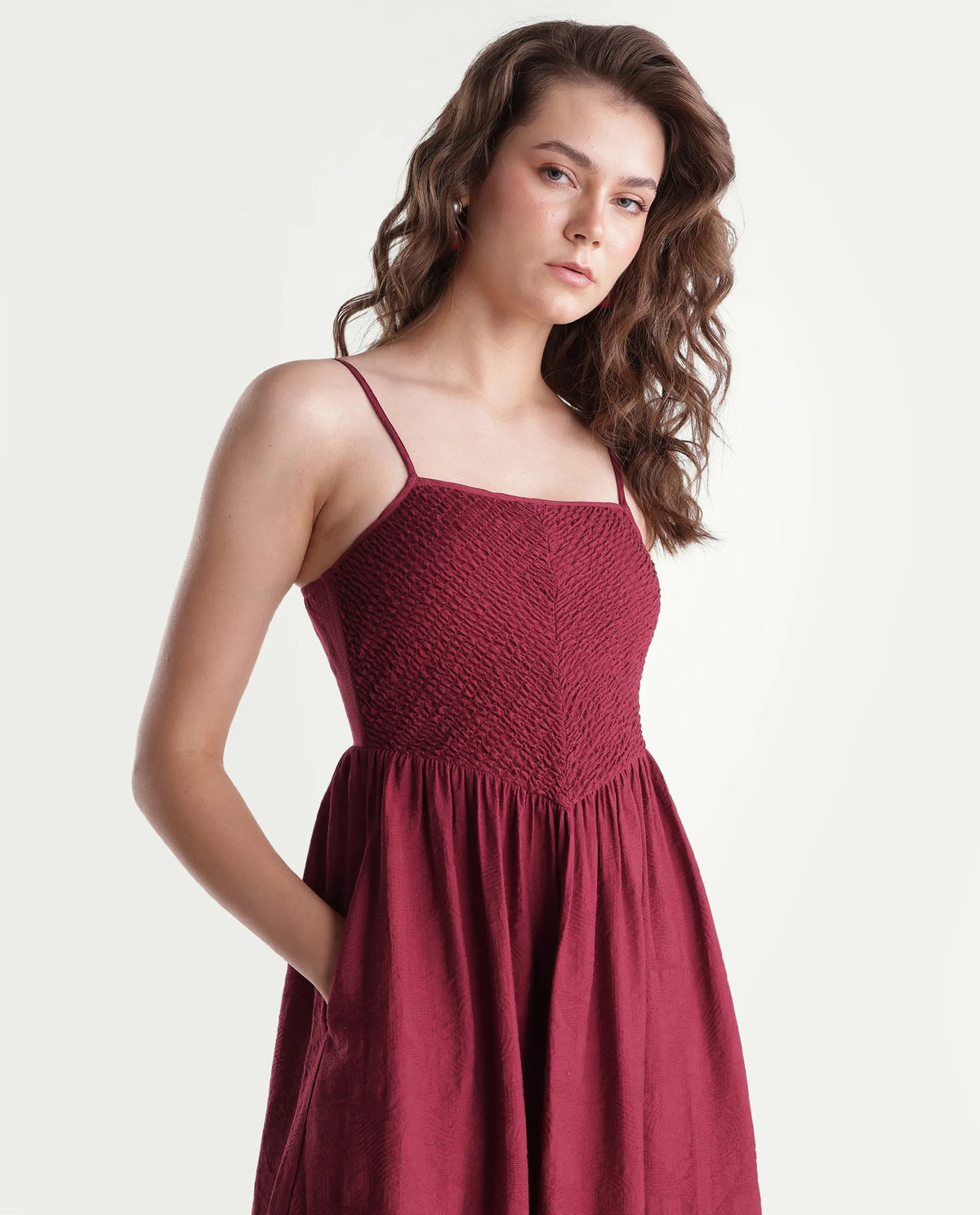 Rareism Women's Brita Maroon Viscose Blend Fit And Flare Jacquard Dress