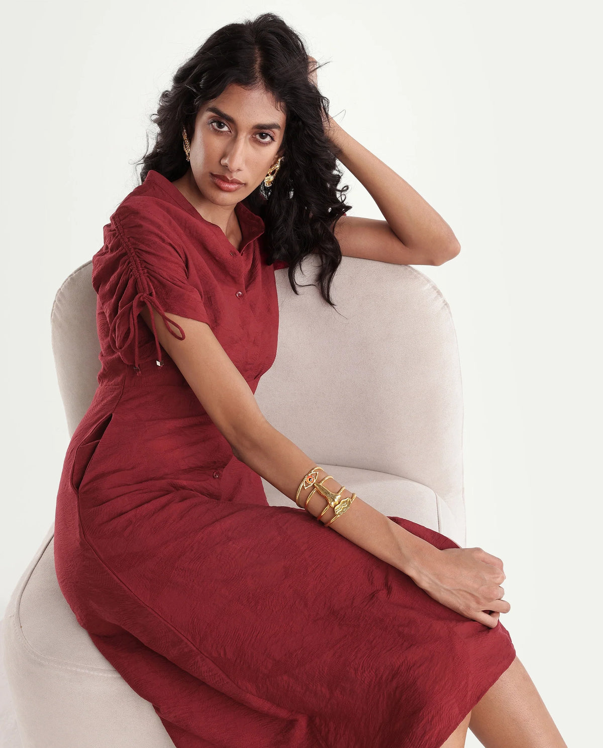 Rareism Women's Betty Maroon Viscose Blend Stand Collar Cinched Waist Jacquard Dress