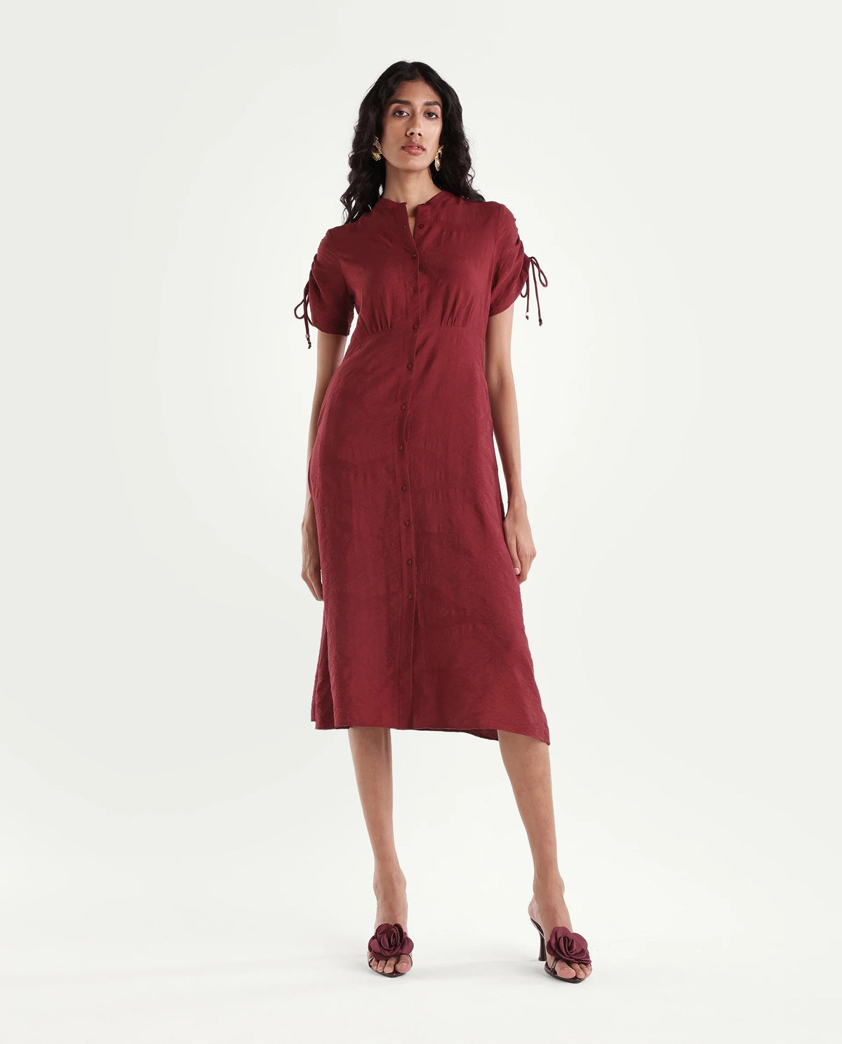 Rareism Women's Betty Maroon Viscose Blend Stand Collar Cinched Waist Jacquard Dress