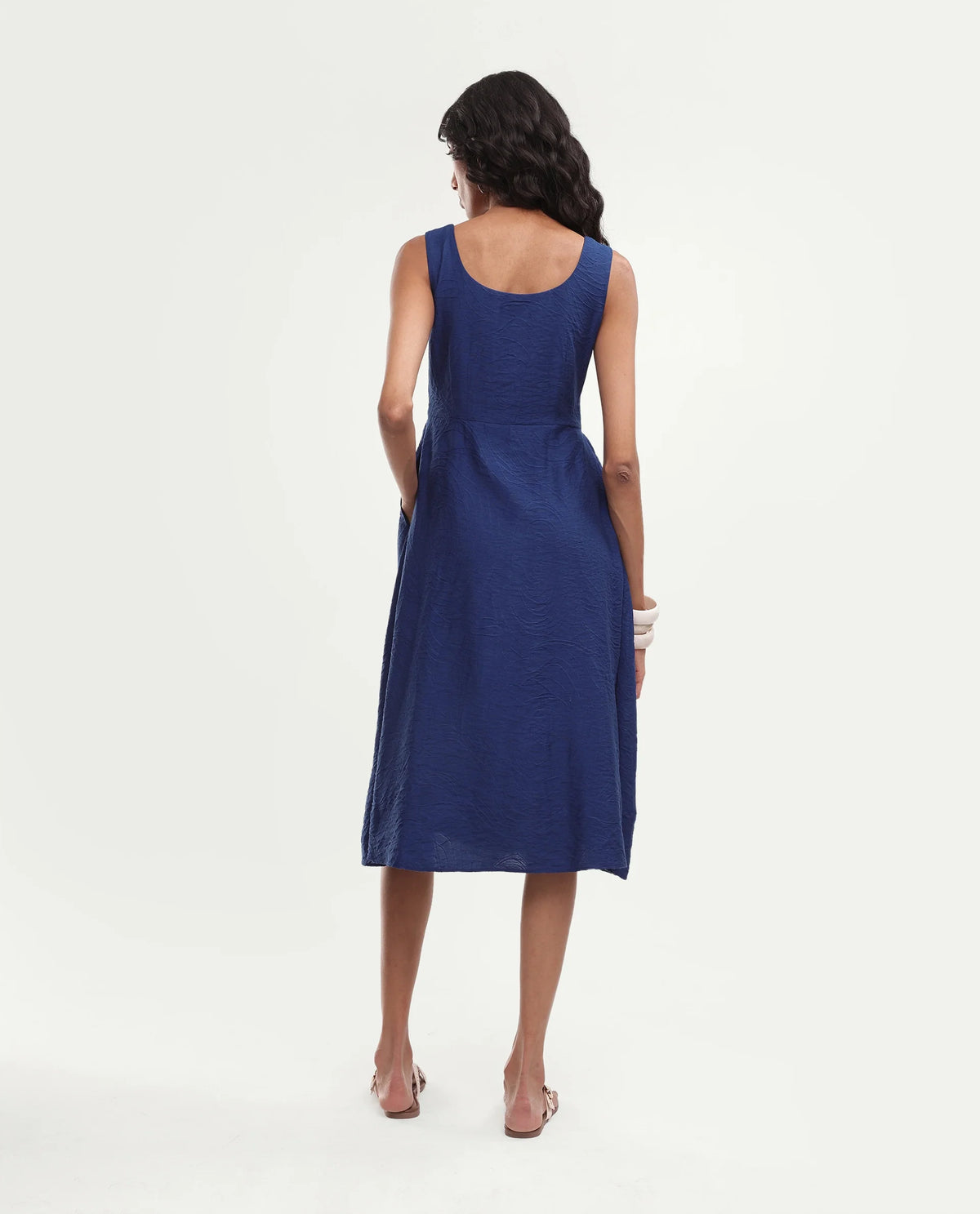Rareism Women's Dazu Blue Viscose Blend Scoop Neck Fit And Flare Jacquard Dress