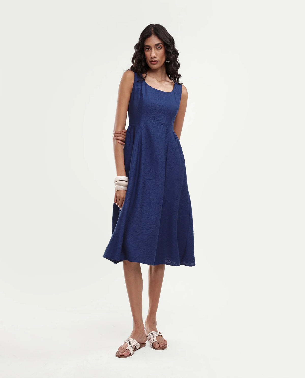 Rareism Women's Dazu Blue Viscose Blend Scoop Neck Fit And Flare Jacquard Dress