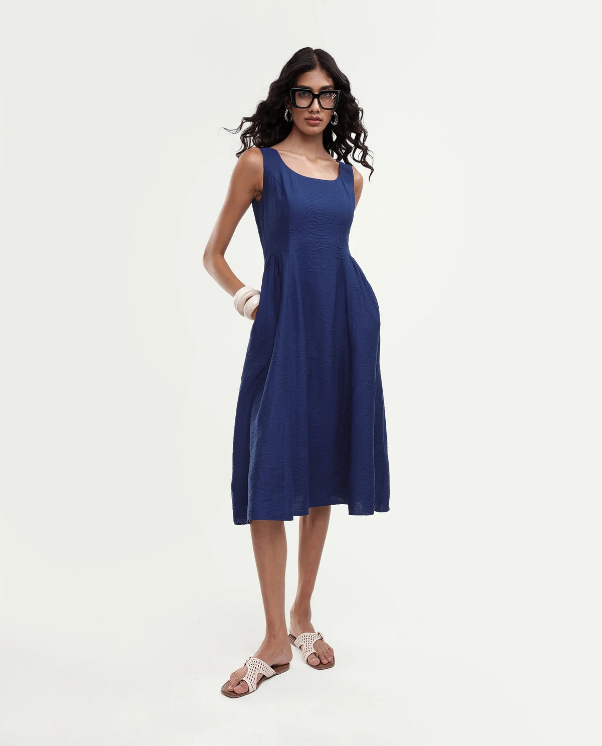 Rareism Women's Dazu Blue Viscose Blend Scoop Neck Fit And Flare Jacquard Dress