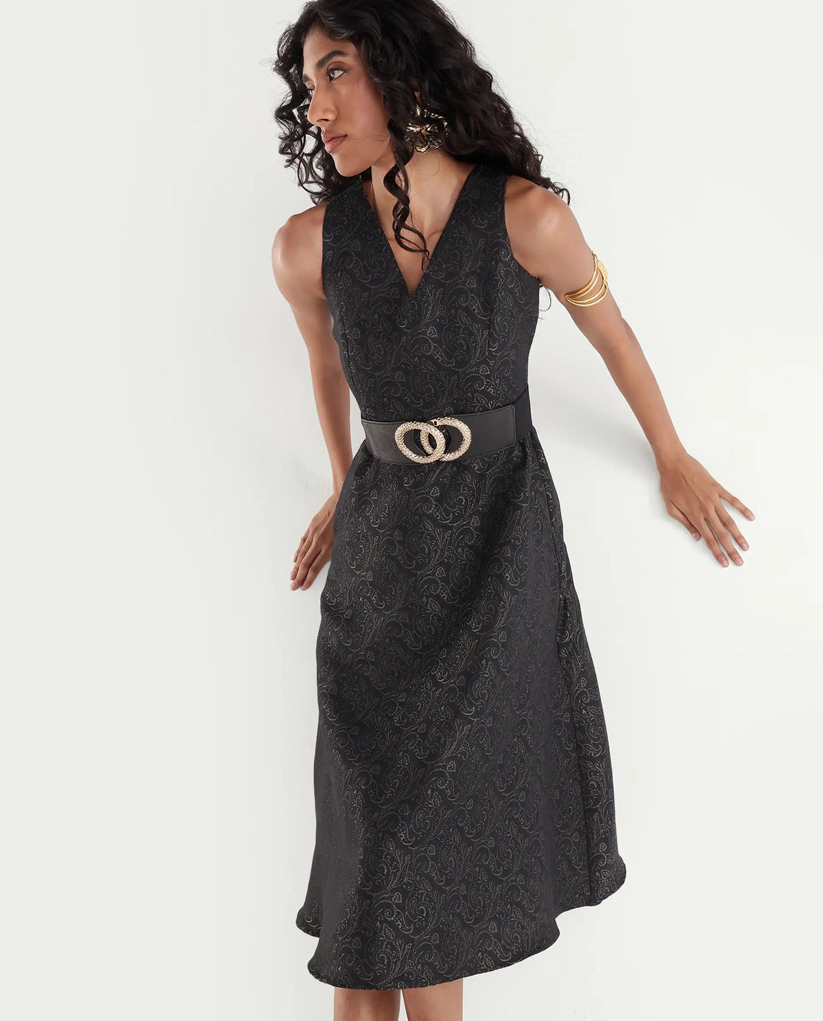 Rareism Womens Xebec Black Polyester Blend V-Neck Fit And Flare Jacquard Dress